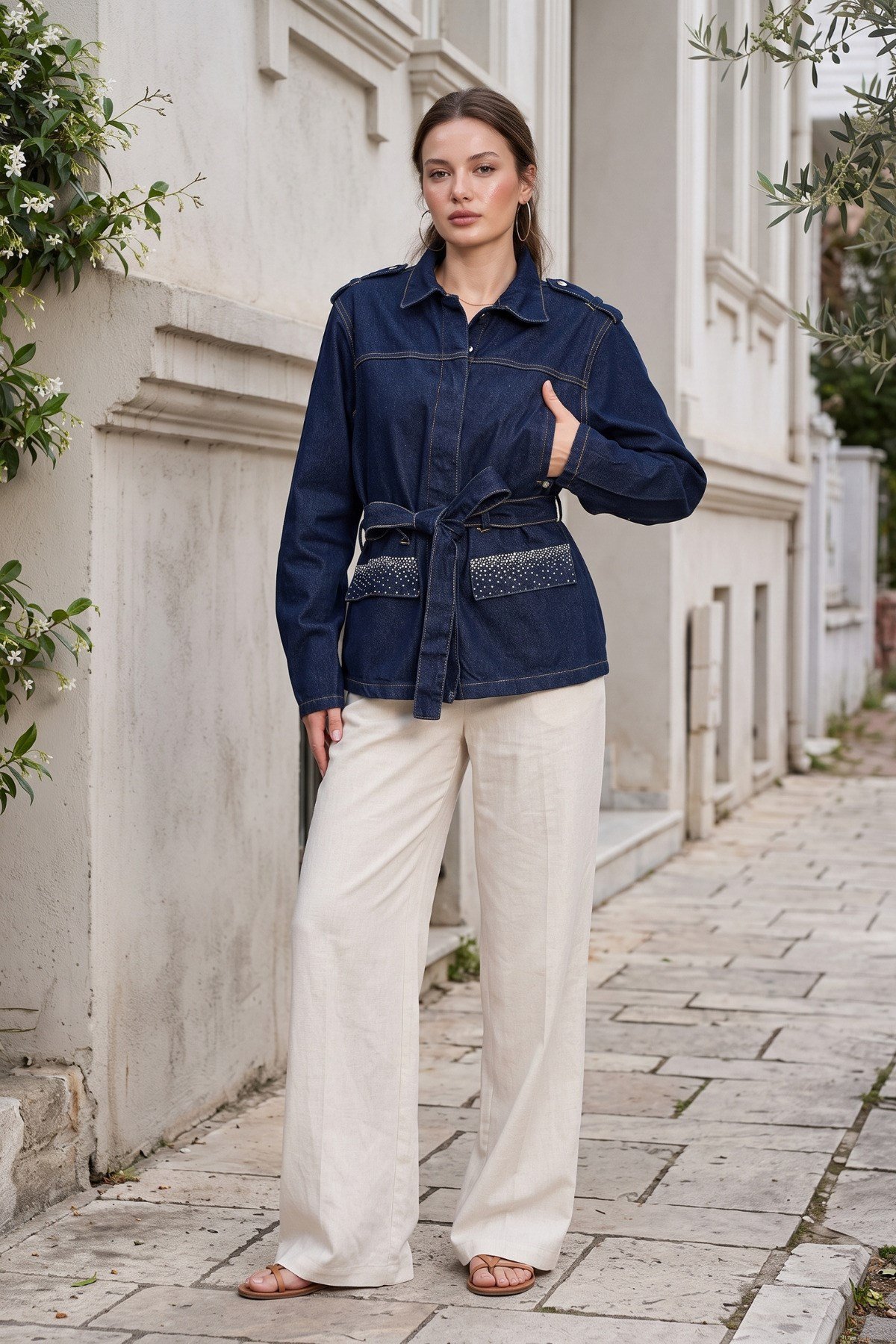 Taş Detaylı Baskılı Denim (Kot) Ceket