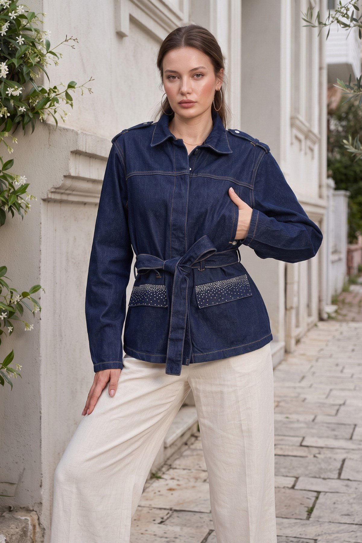 Taş Detaylı Baskılı Denim (Kot) Ceket