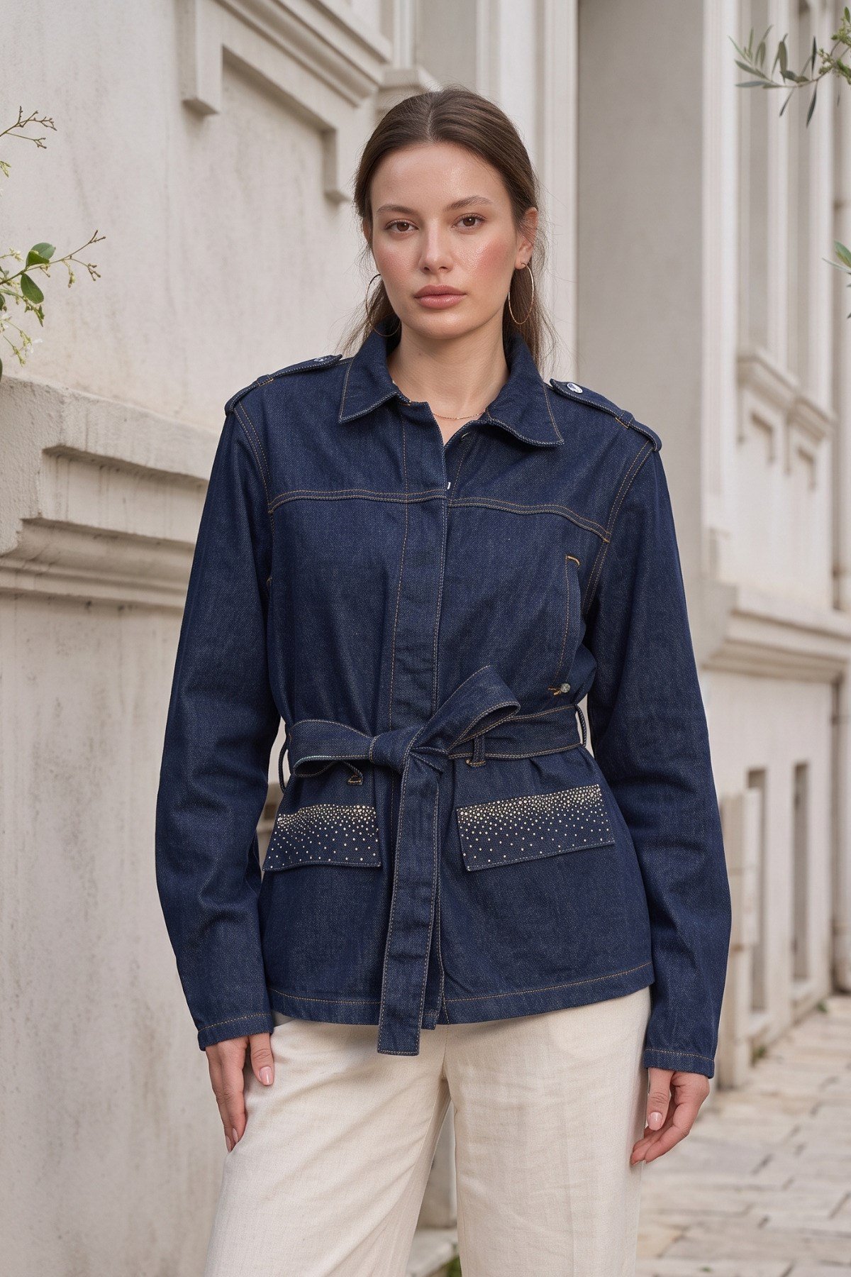Taş Detaylı Baskılı Denim (Kot) Ceket