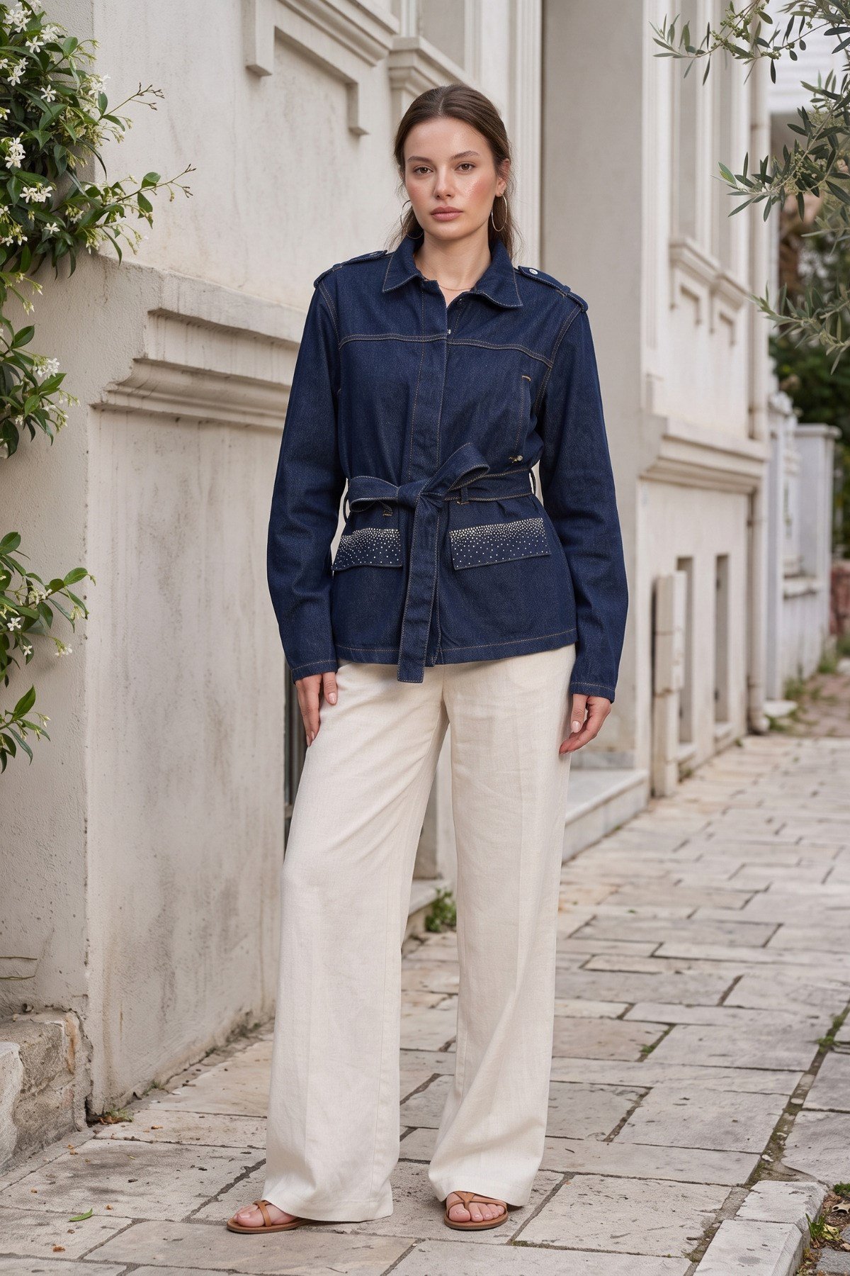 Taş Detaylı Baskılı Denim (Kot) Ceket
