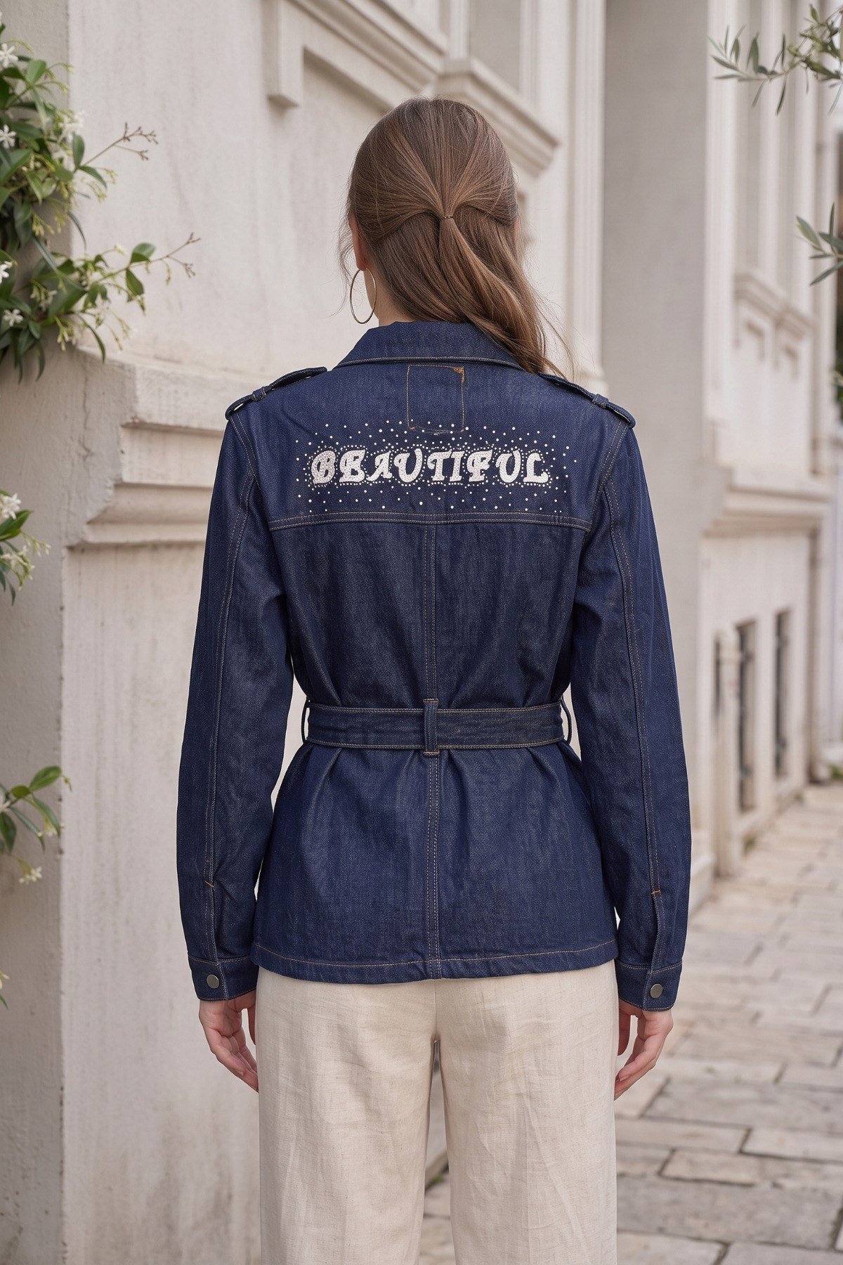 Taş Detaylı Baskılı Denim (Kot) Ceket