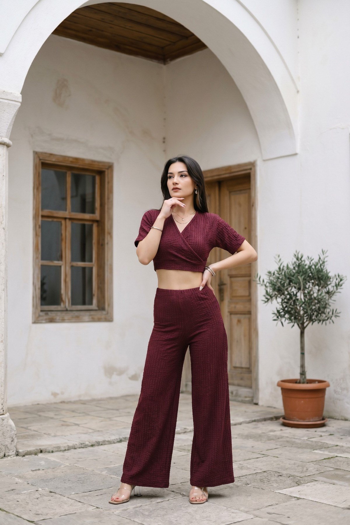 V Yaka Bubble Crop Günlük Takım
