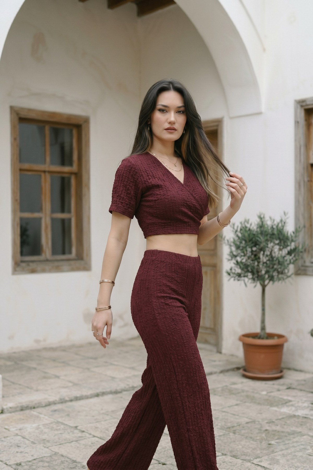 V Yaka Bubble Crop Günlük Takım