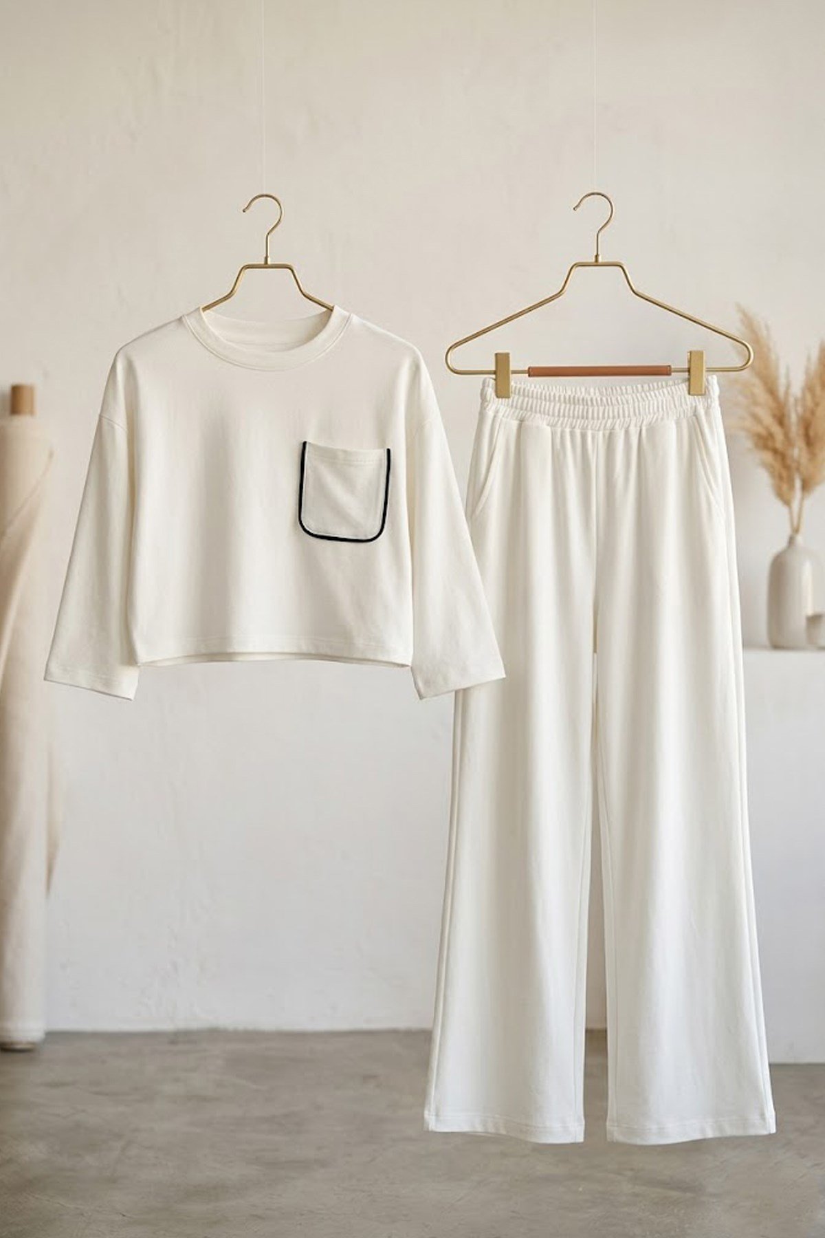 Cix Line Kadın Beyaz Relax Fit Likralı Polyviscon Crop Tişört Ve Geniş Paça Pantolon İkili Takım