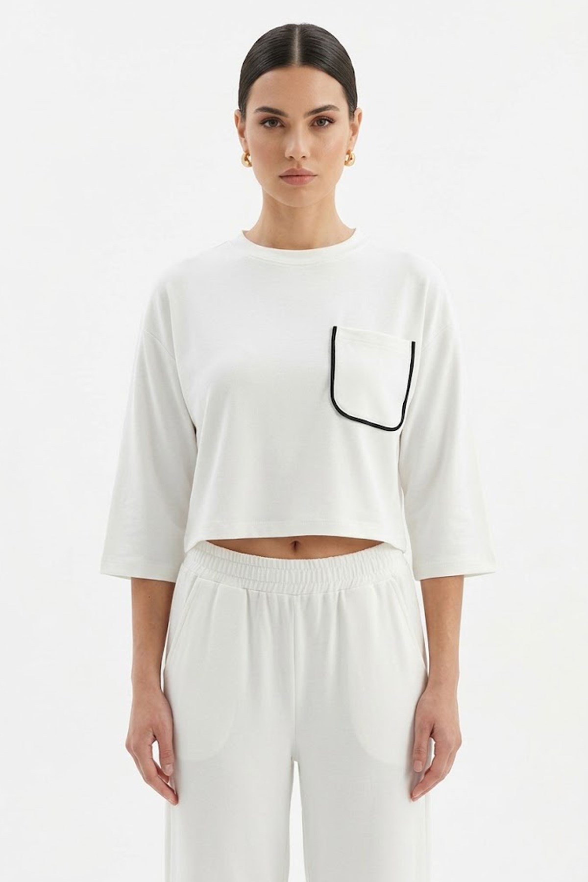 Cix Line Kadın Beyaz Relax Fit Likralı Polyviscon Crop Tişört Ve Geniş Paça Pantolon İkili Takım
