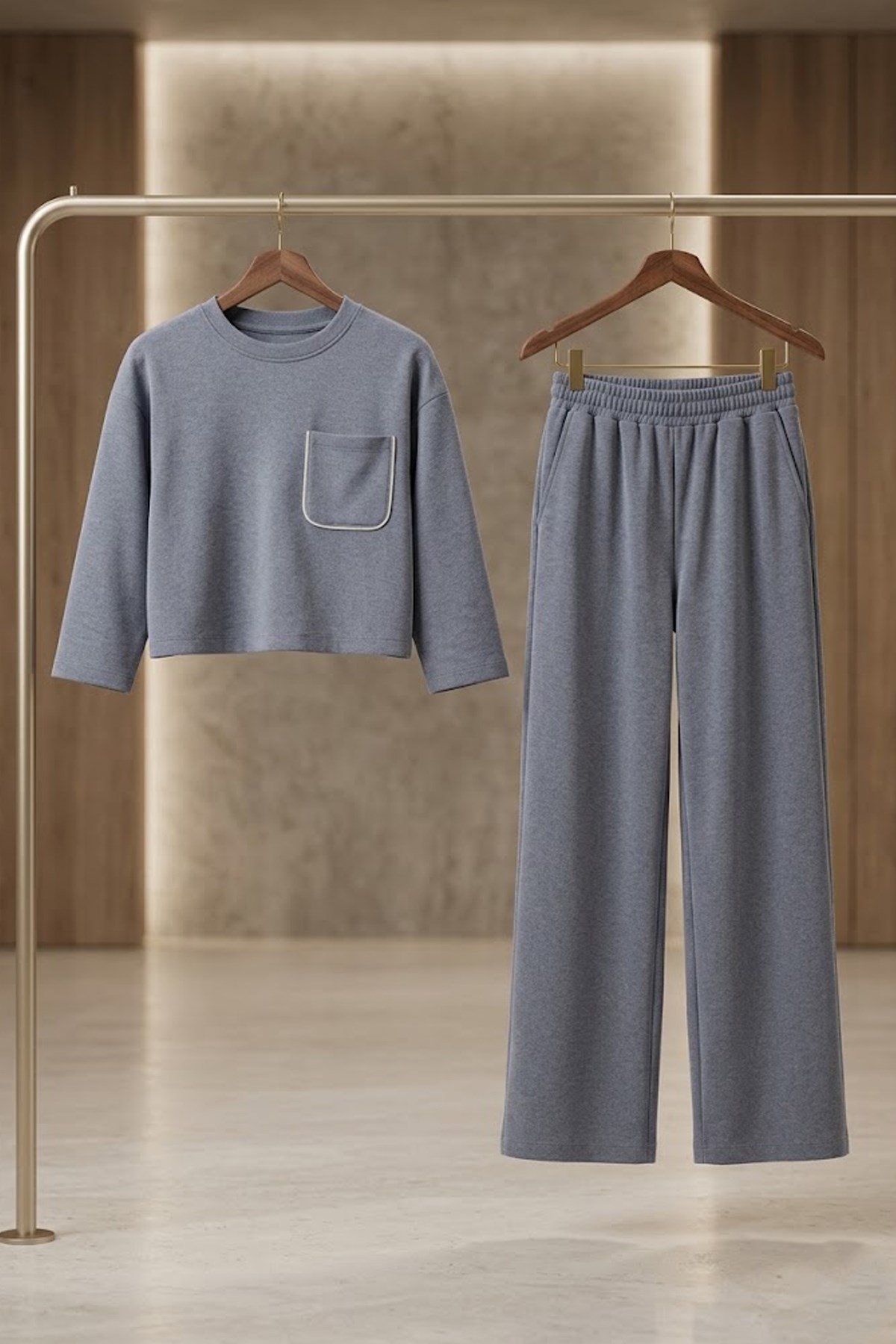 Cix Line Kadın Gri Relax Fit Likralı Polyviscon Crop Tişört Ve Geniş Paça Pantolon İkili Takım
