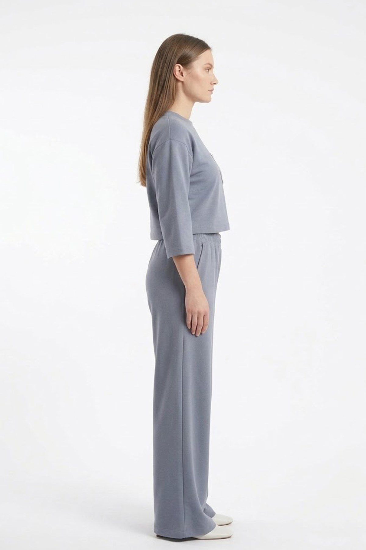 Cix Line Kadın Gri Relax Fit Likralı Polyviscon Crop Tişört Ve Geniş Paça Pantolon İkili Takım