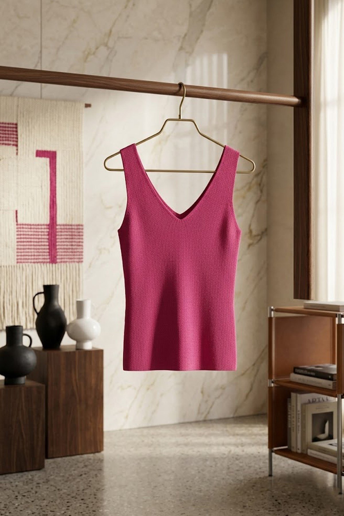 Cix Line Kadın Premium Neon Pembe Triko Body Esnek Full Likra V Yaka Yazlık Atlet Tişört
