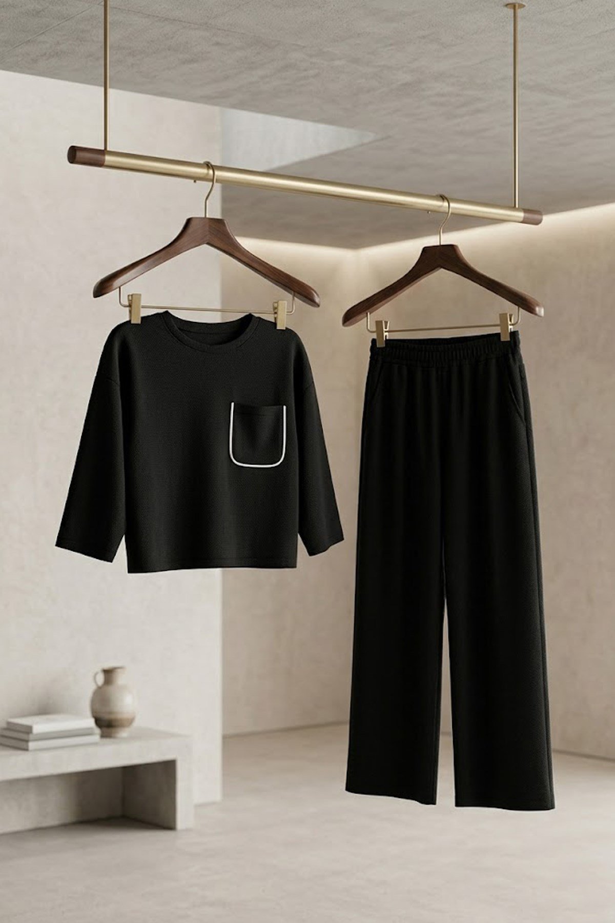 Cix Line Kadın Siyah Relax Fit Likralı Polyviscon Crop Tişört Ve Geniş Paça Pantolon İkili Takım