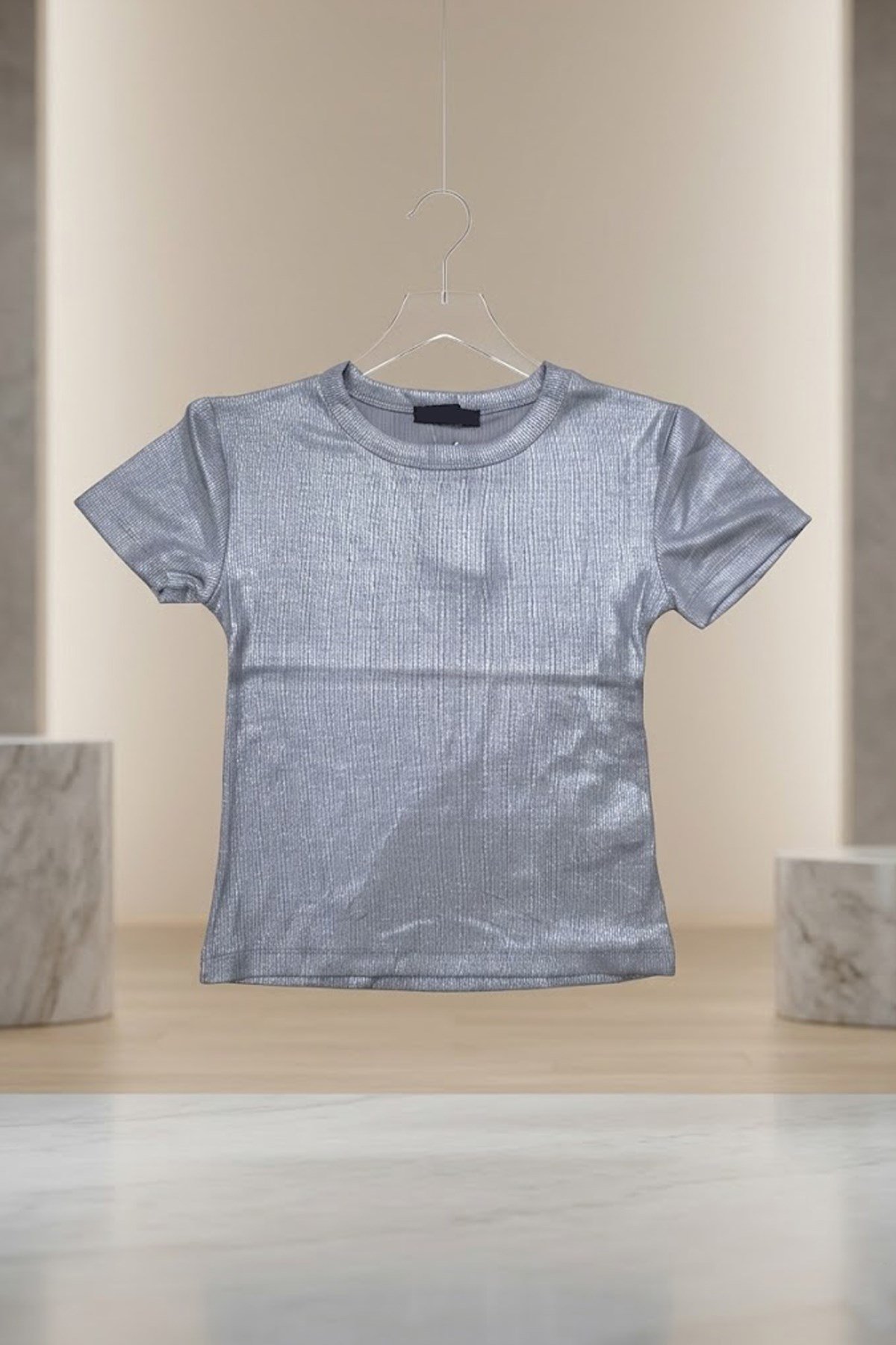 Premium Varaklı Açık Gri Parlak Örme Tişört - %100 Likralı Tam Esnek Bayan Tshirt