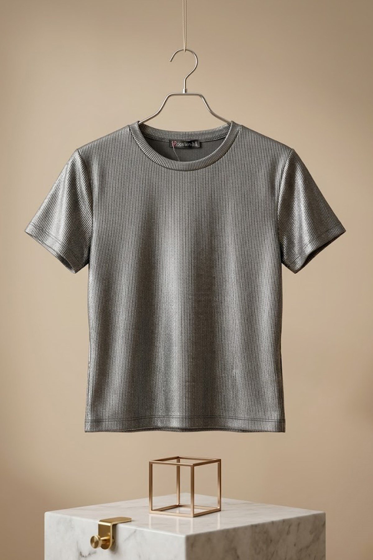 Premium Varaklı Parlak Gri  Örme Tişört - %100 Likralı Tam Esnek Bayan Tshirt