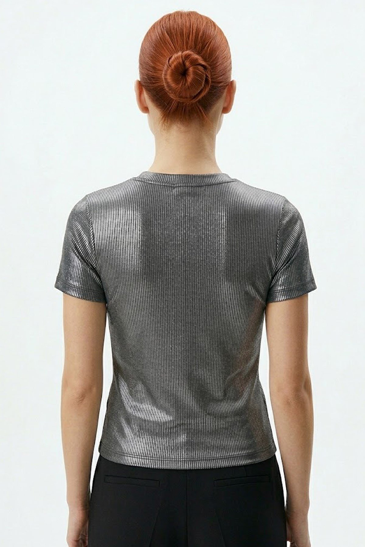 Premium Varaklı Parlak Gri  Örme Tişört - %100 Likralı Tam Esnek Bayan Tshirt