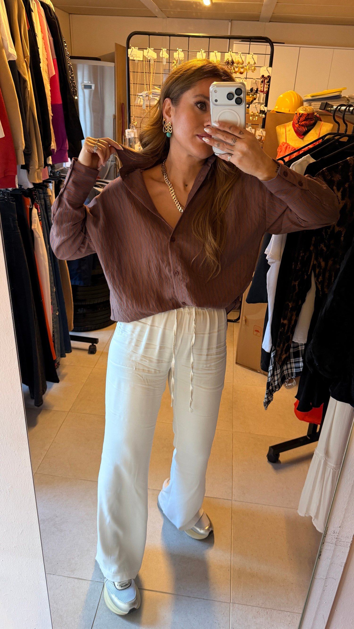 Ekru floş İspanyol Paça Pantolon