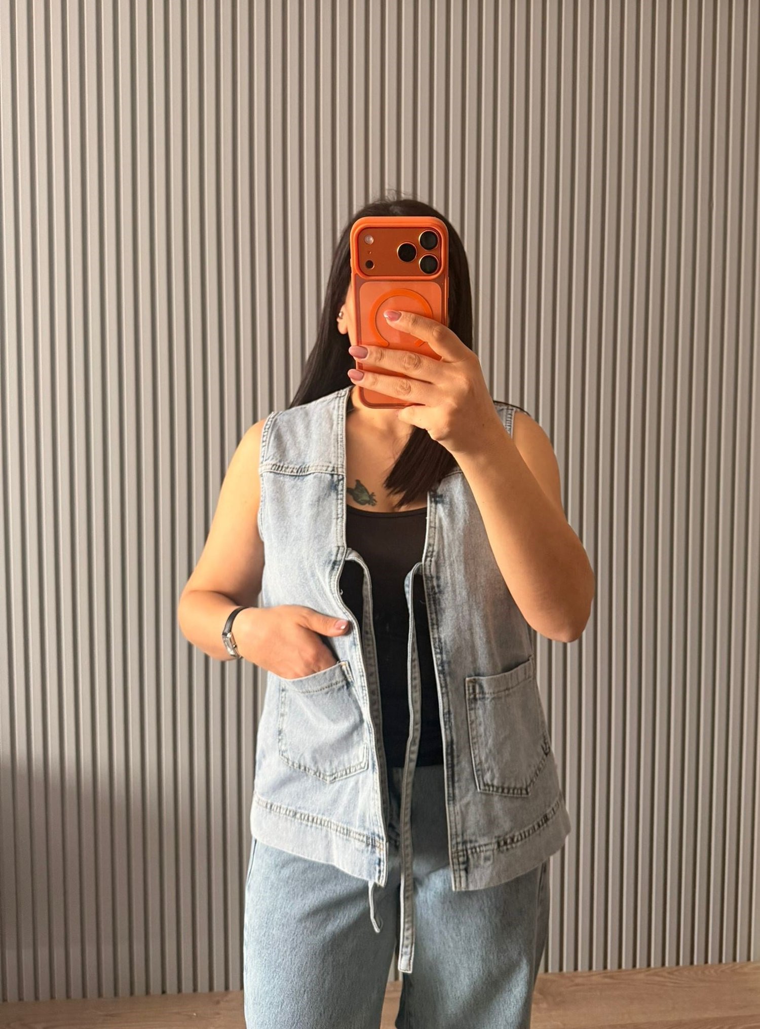 Bağlama Detaylı Cepli Denim Yelek