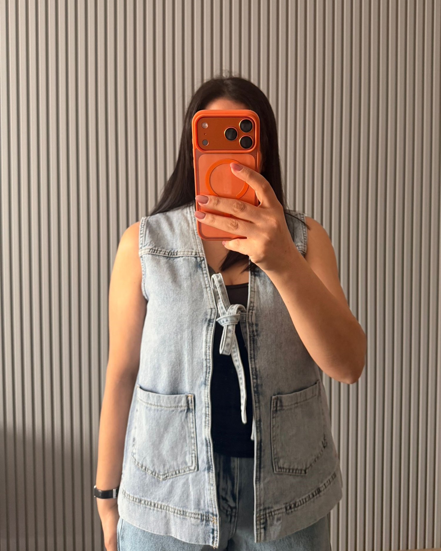 Bağlama Detaylı Cepli Denim Yelek
