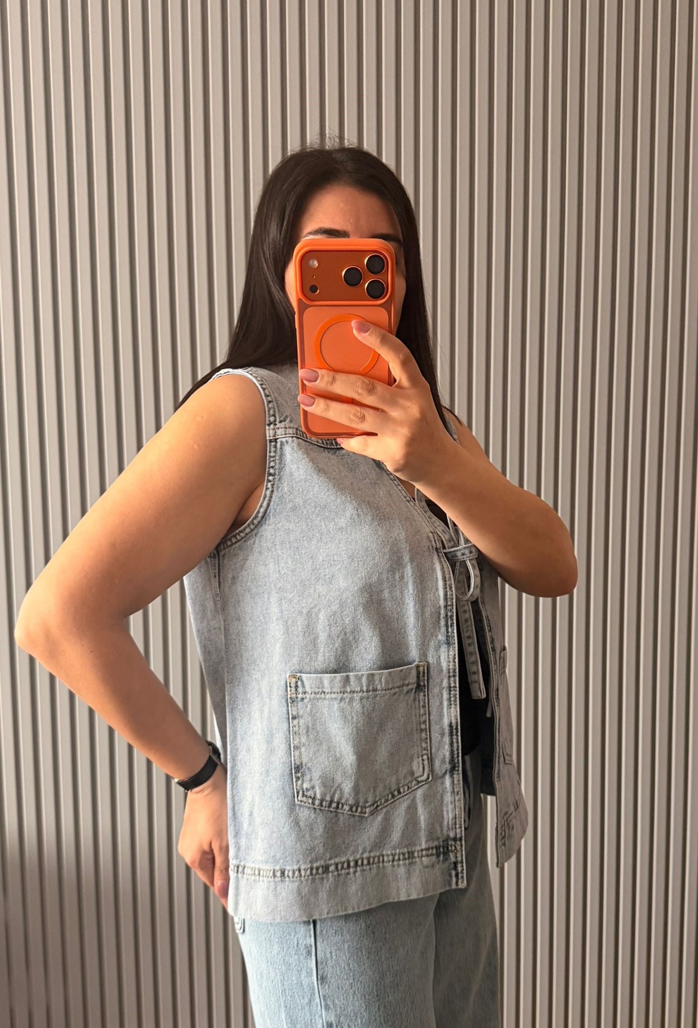 Bağlama Detaylı Cepli Denim Yelek