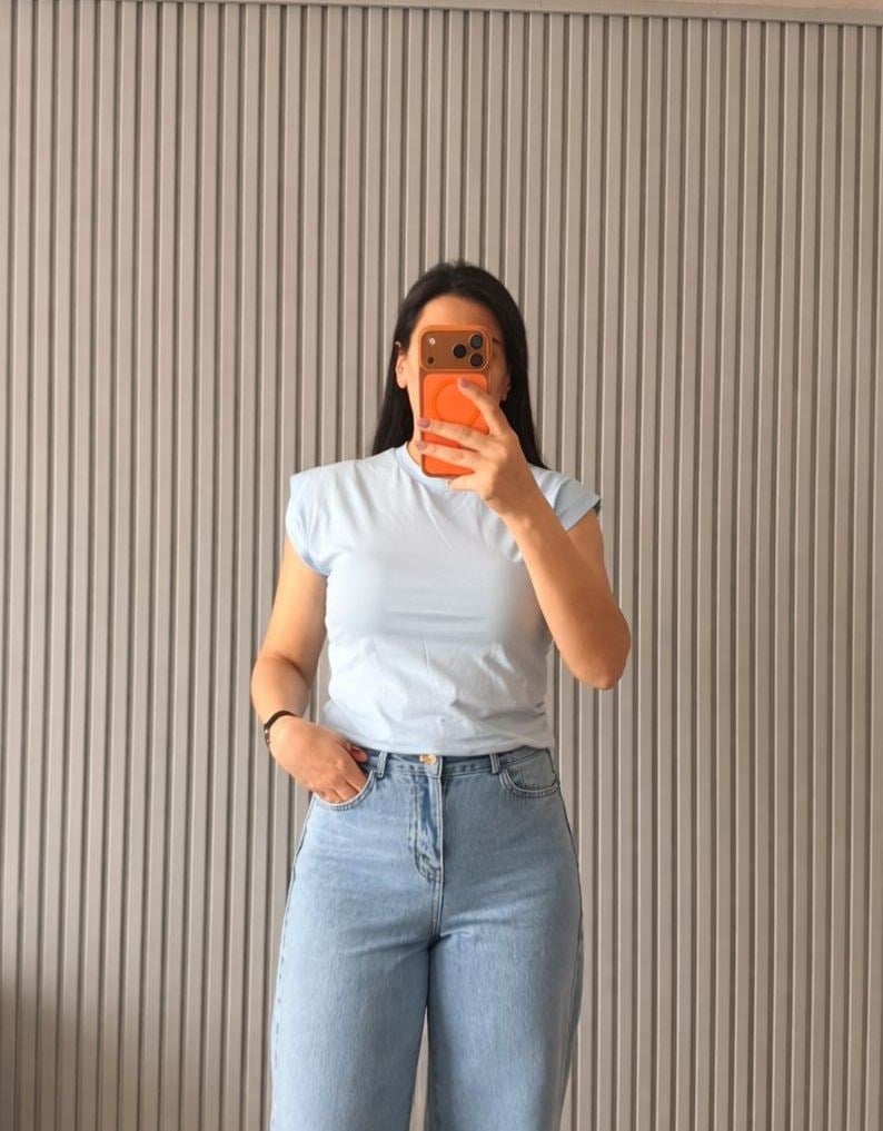 Omuz Detaylı Mavi T-Shirt