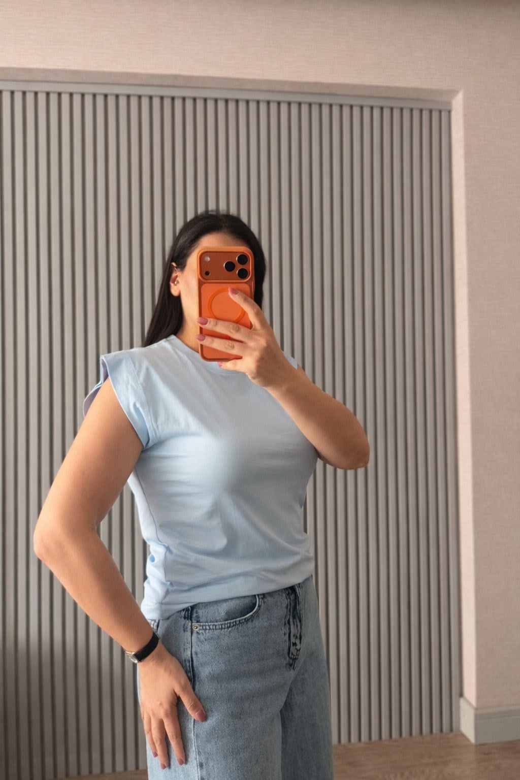 Omuz Detaylı Mavi T-Shirt