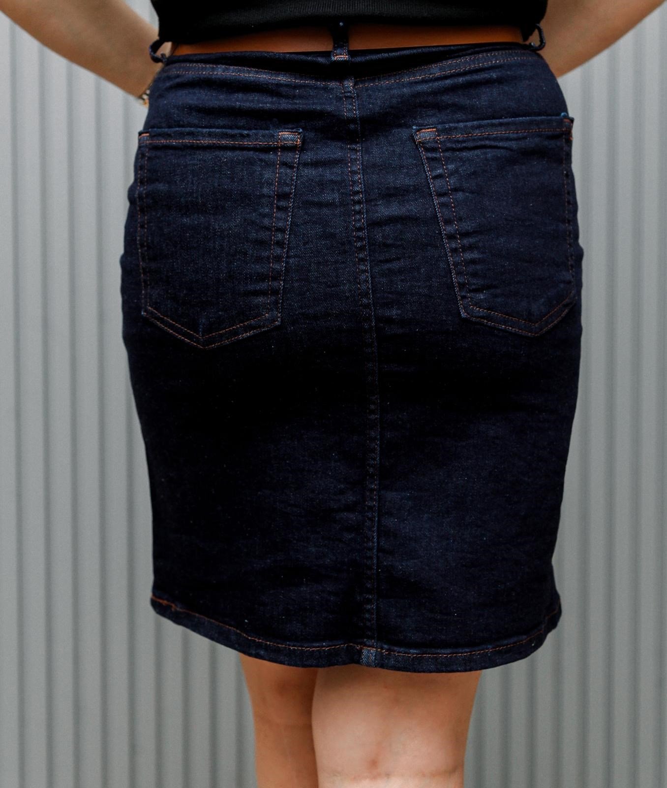 Yüksek Bel Likralı Lacivert Denim Etek