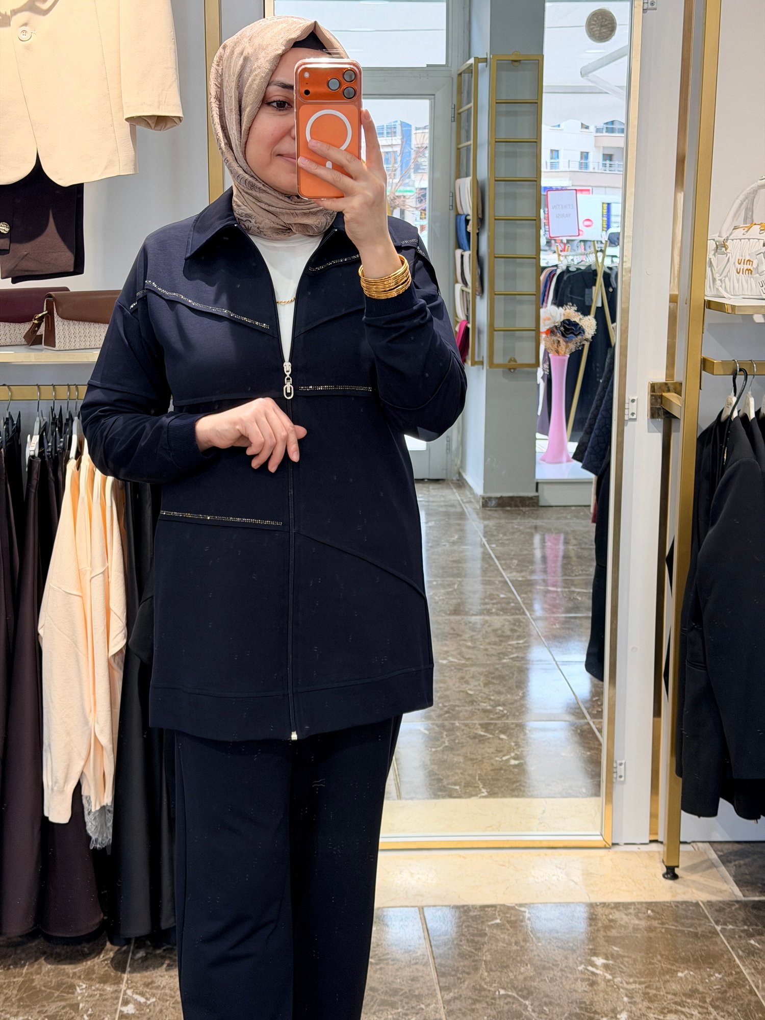 10792 Taş Detaylı Önden Fermuarlı 2'li Takım | Lacivert