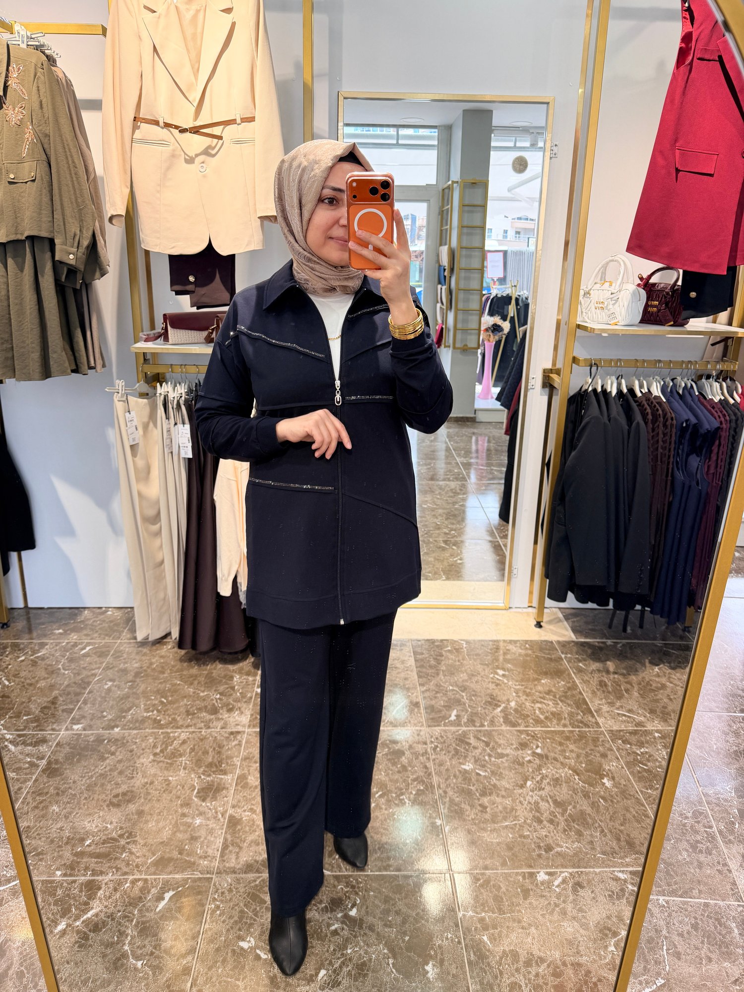 10792 Taş Detaylı Önden Fermuarlı 2'li Takım | Lacivert