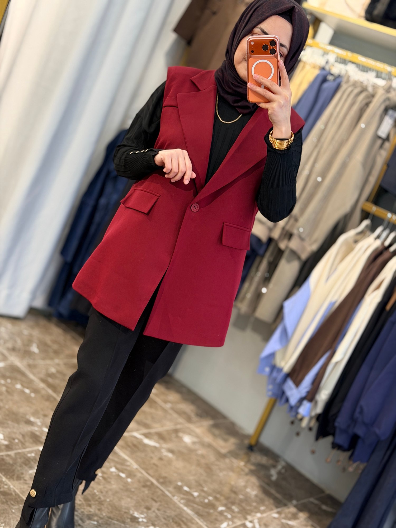 2085 Kemerli Double Yelek | Bordo