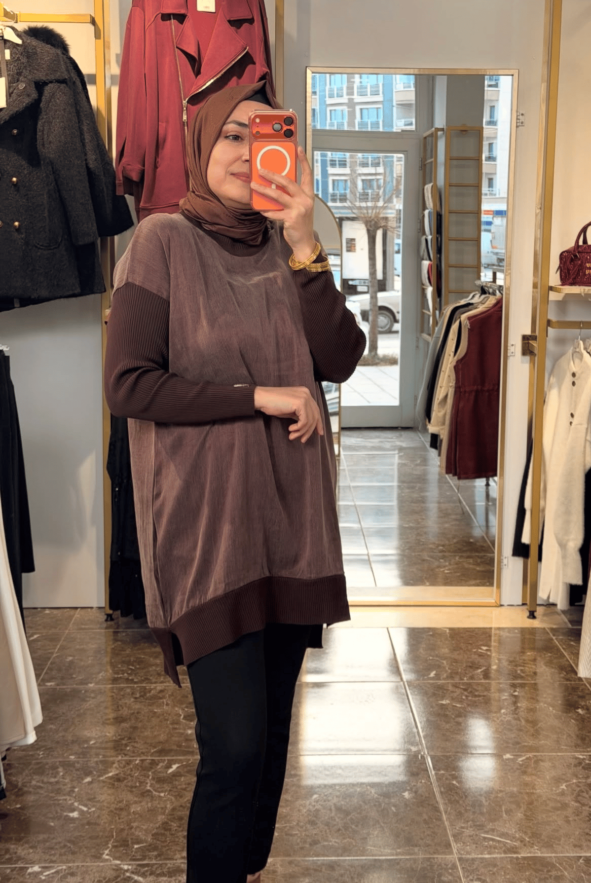 287 Kolları Ribanalı Düz Cupra Tunik | Kahverengi