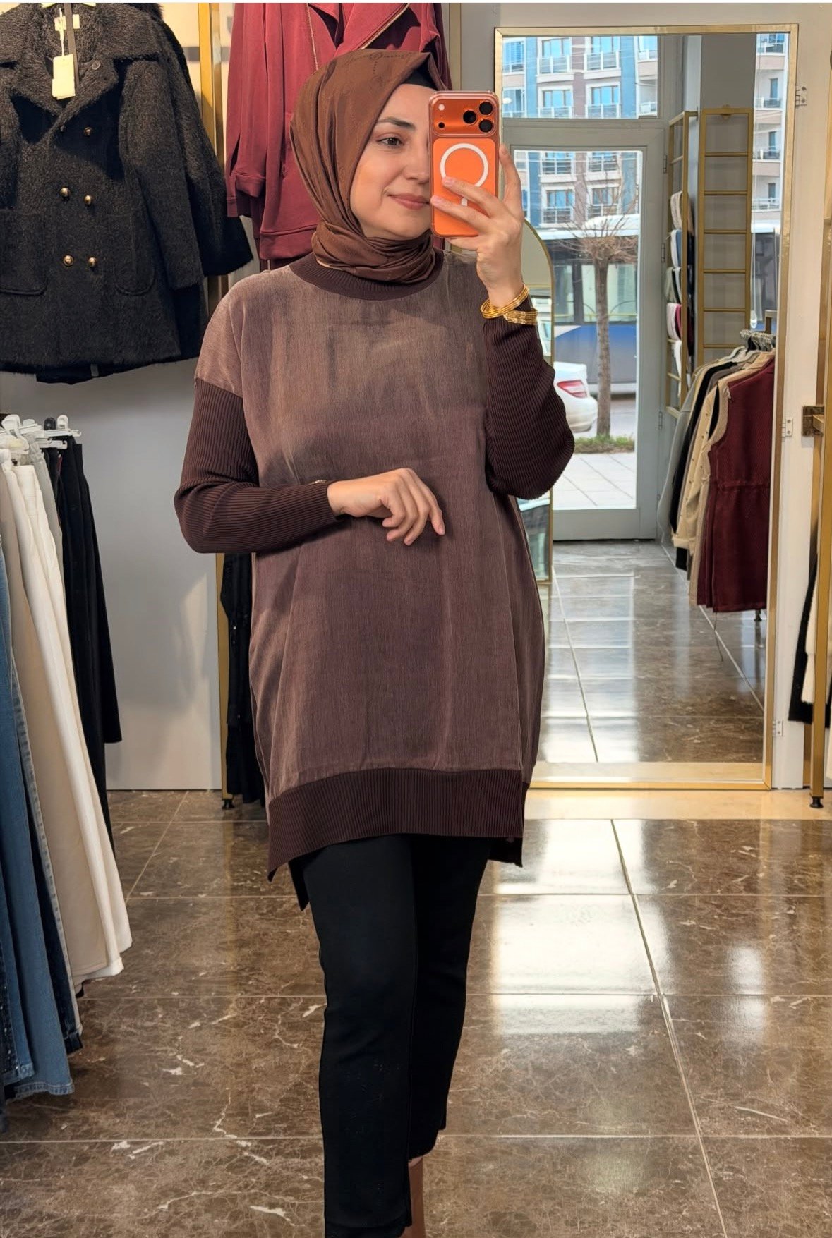 287 Kolları Ribanalı Düz Cupra Tunik | Kahverengi