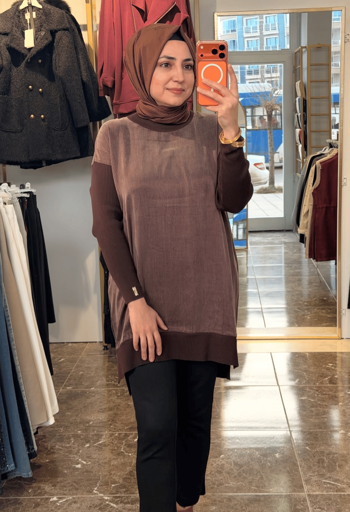 287 Kolları Ribanalı Düz Cupra Tunik | Kahverengi