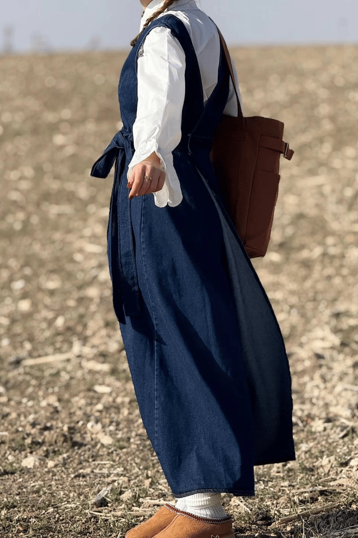 Kadın Kalın Askılı Yandan Bağlamalı Denim Kot Salopet Elbise