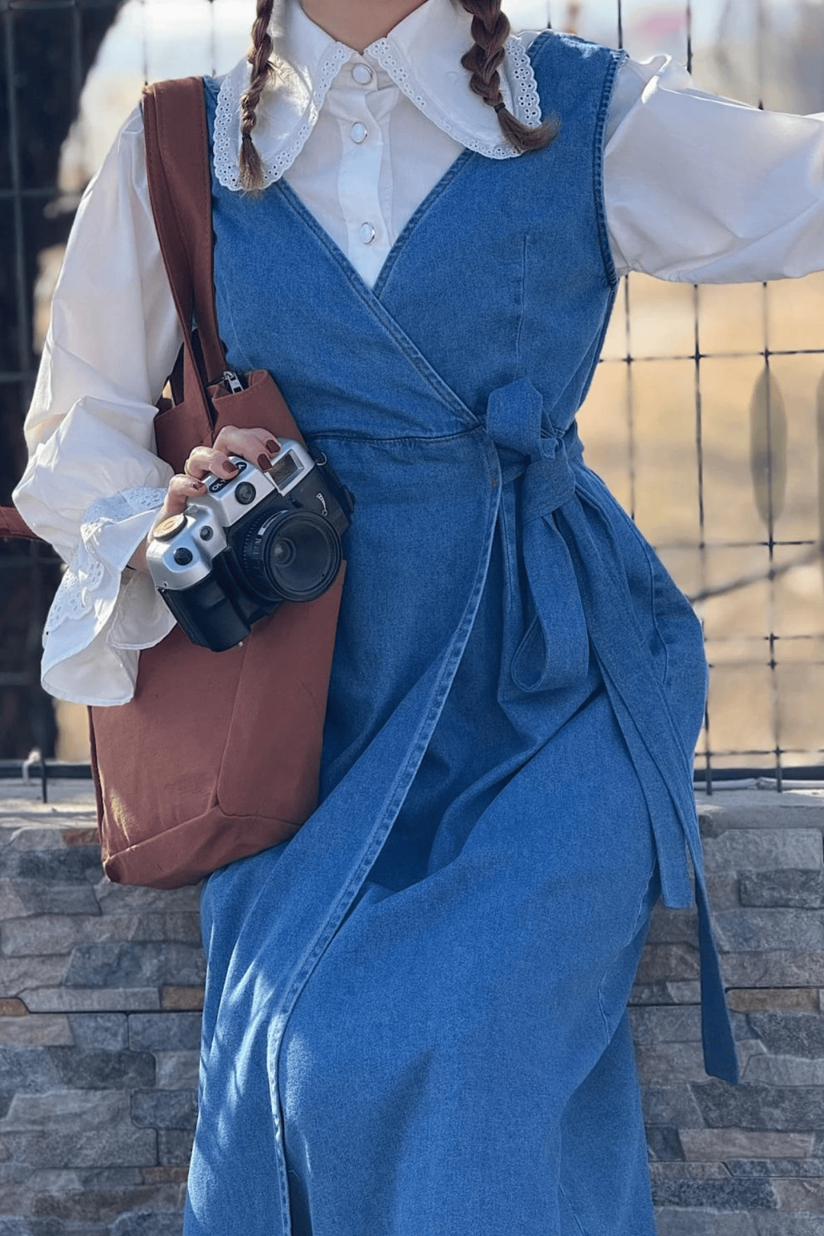 Kadın Kalın Askılı Yandan Bağlamalı Denim Kot Salopet Elbise