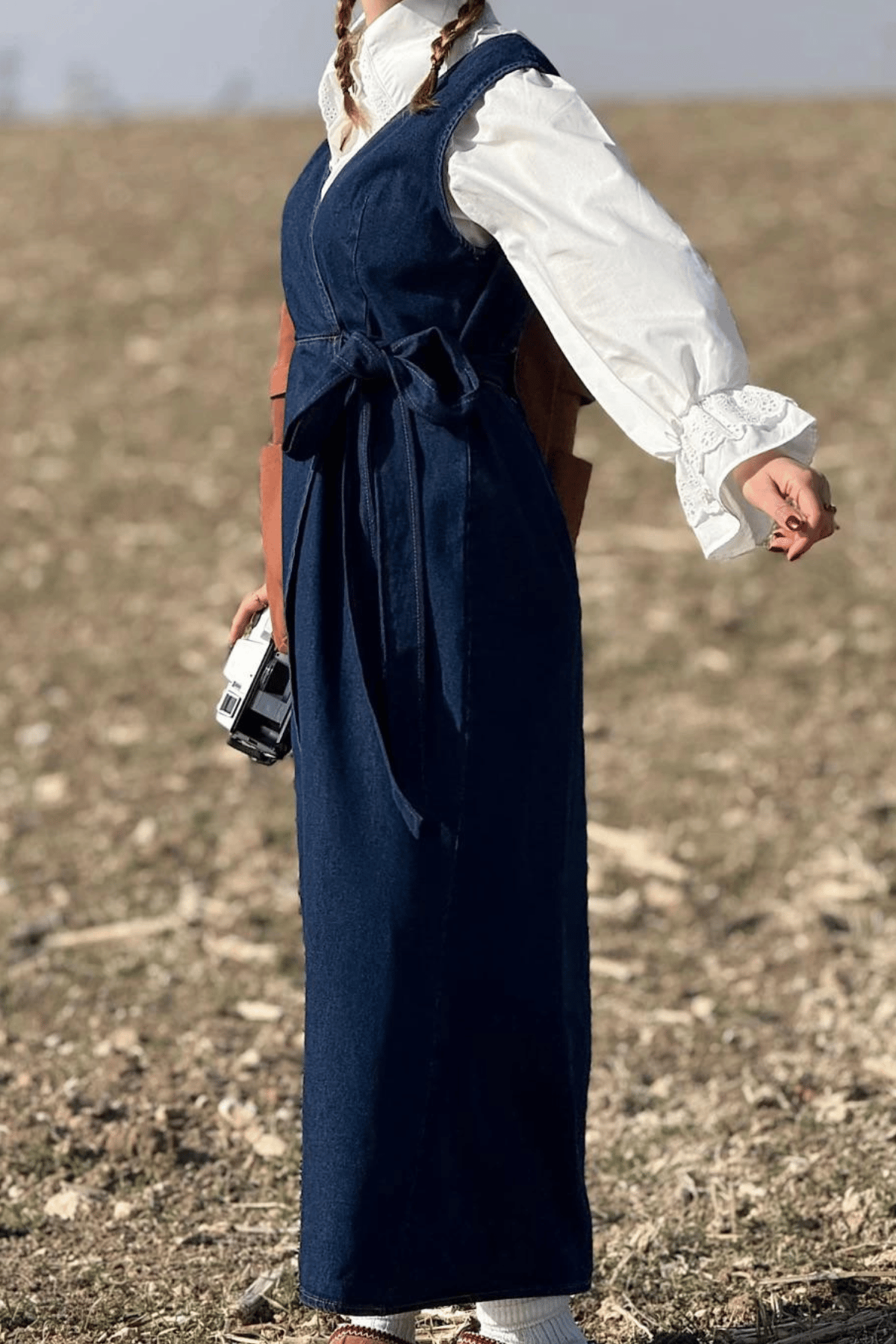 Kadın Kalın Askılı Yandan Bağlamalı Denim Kot Salopet Elbise