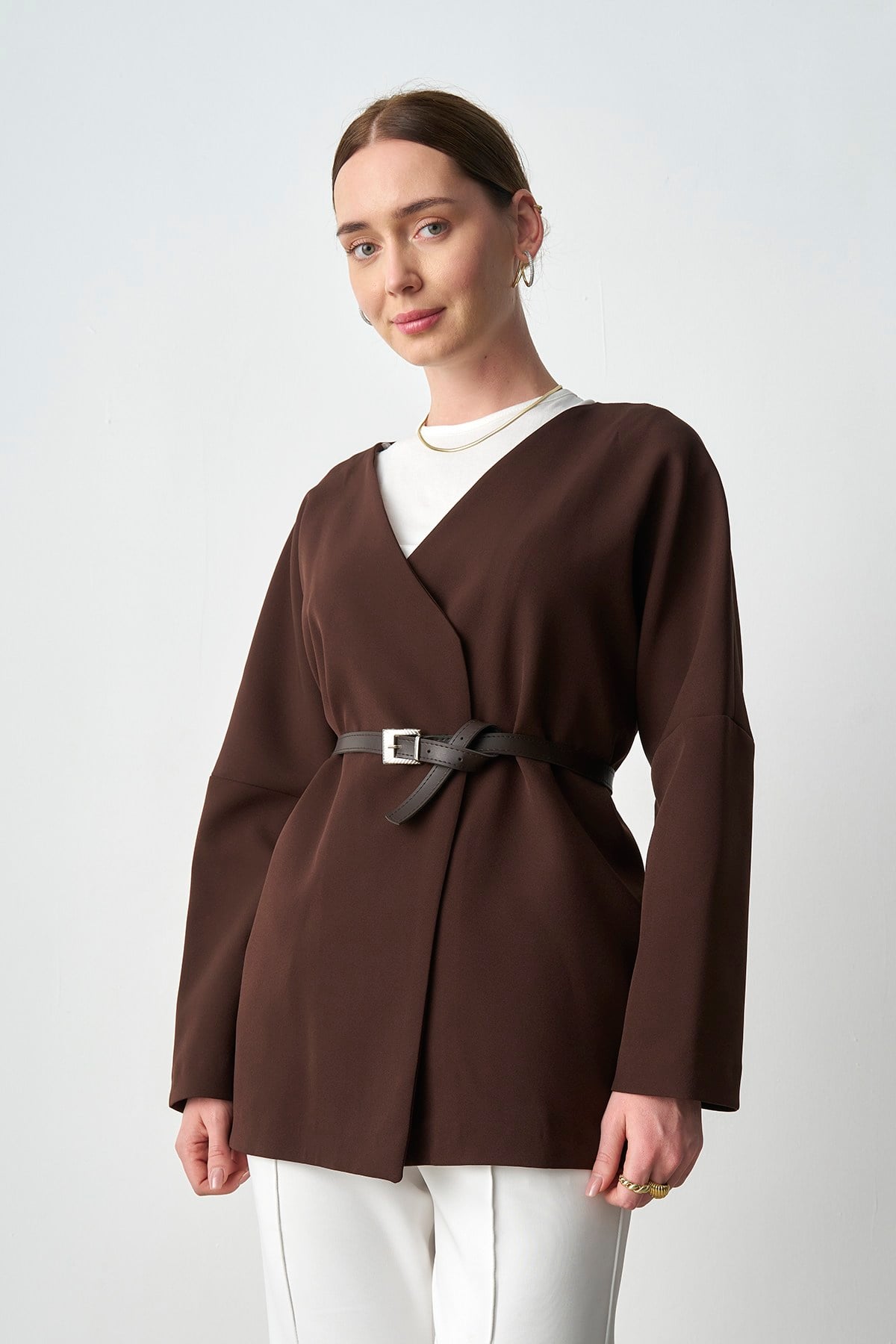 Kadın Kemerli Kimono Astarlı Şık Ceket