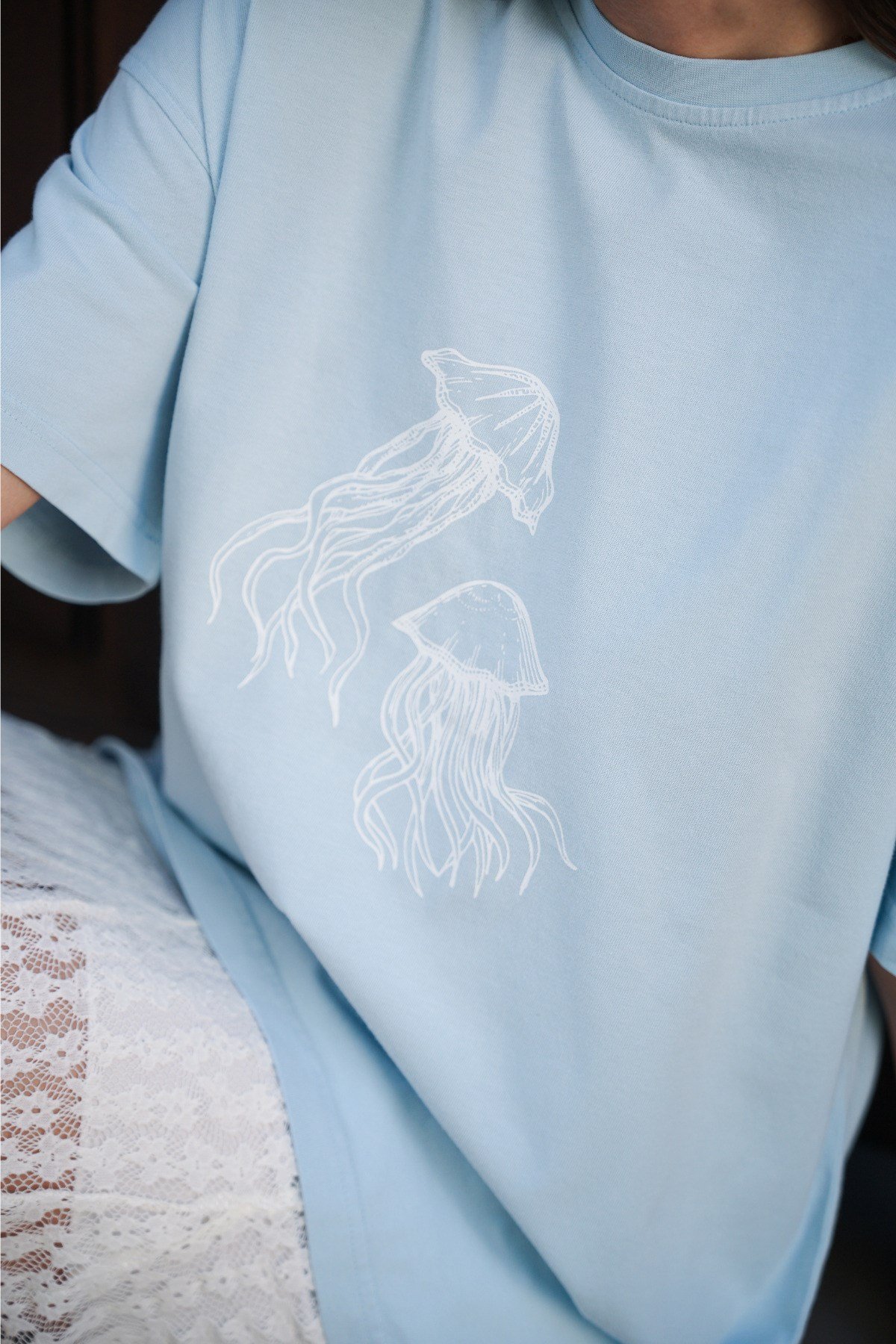 Kadın Mavi Çekmeyen Baskılı Oversize Bisiklet Yaka Kısa Kol Penye T-shirt