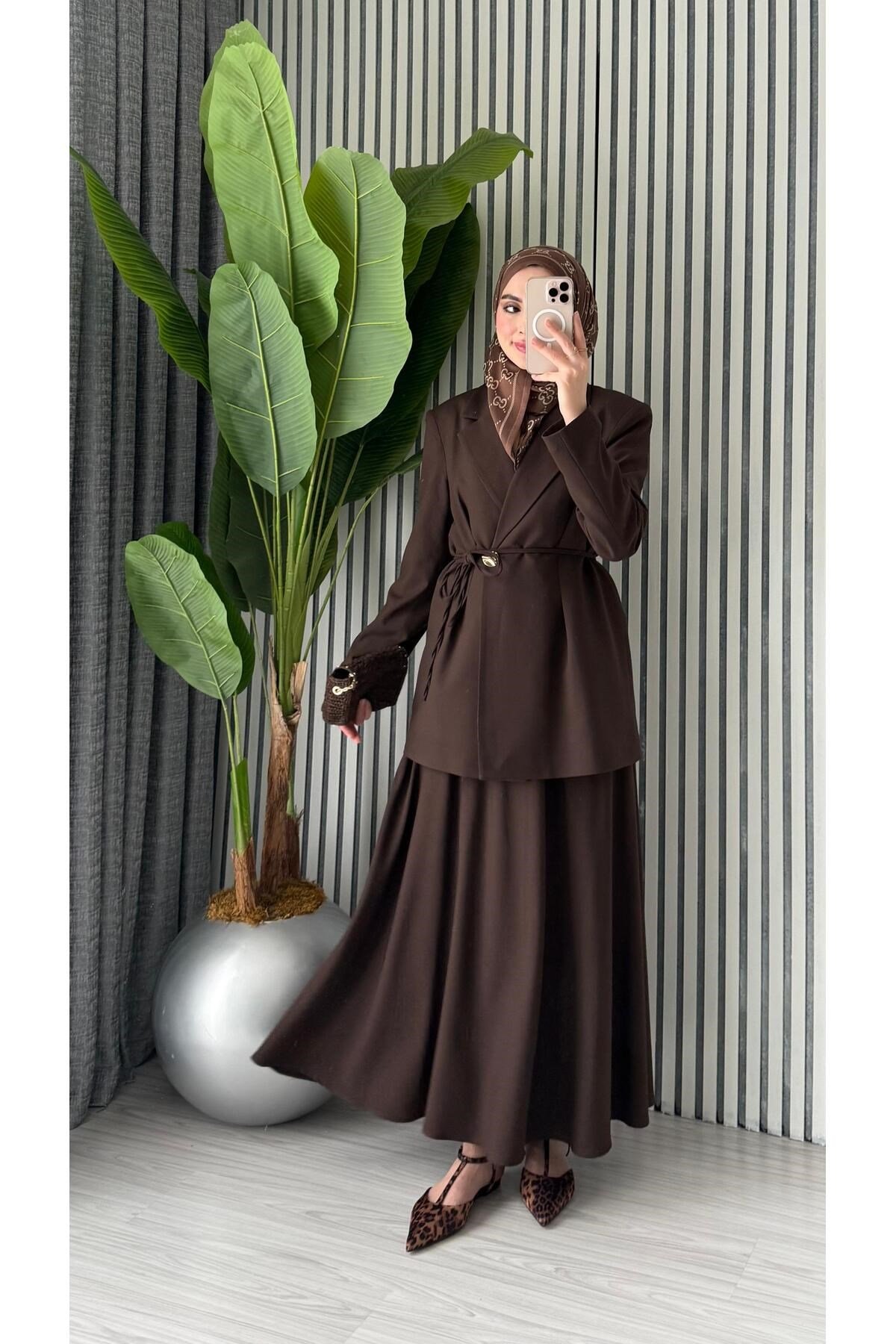 Kadın Oversize Tek Düğmeli Bağlamalı Ceket Etek Takım