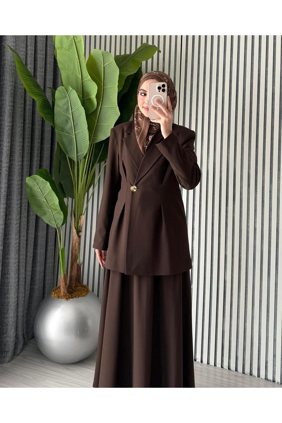 Kadın Oversize Tek Düğmeli Bağlamalı Ceket Etek Takım