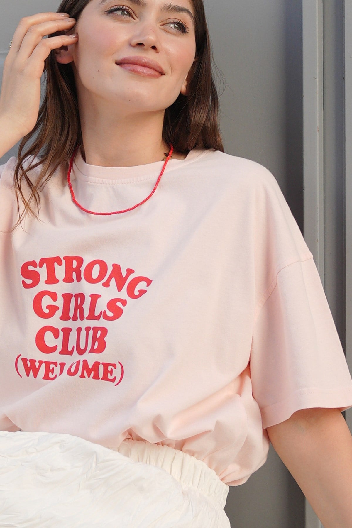 Kadın Pembe Çekmeyen Baskılı Oversize Bisiklet Yaka Kısa Kol Penye T-shirt