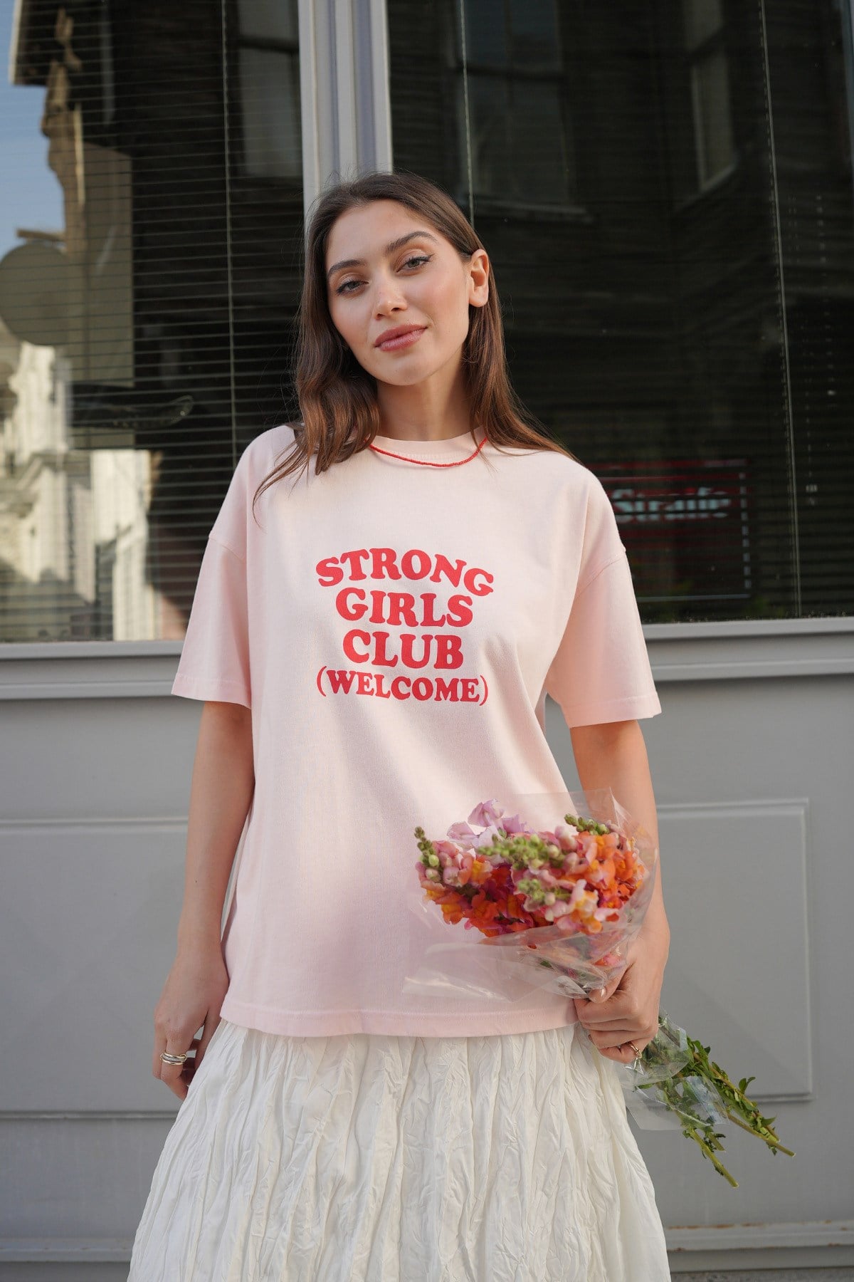 Kadın Pembe Çekmeyen Baskılı Oversize Bisiklet Yaka Kısa Kol Penye T-shirt