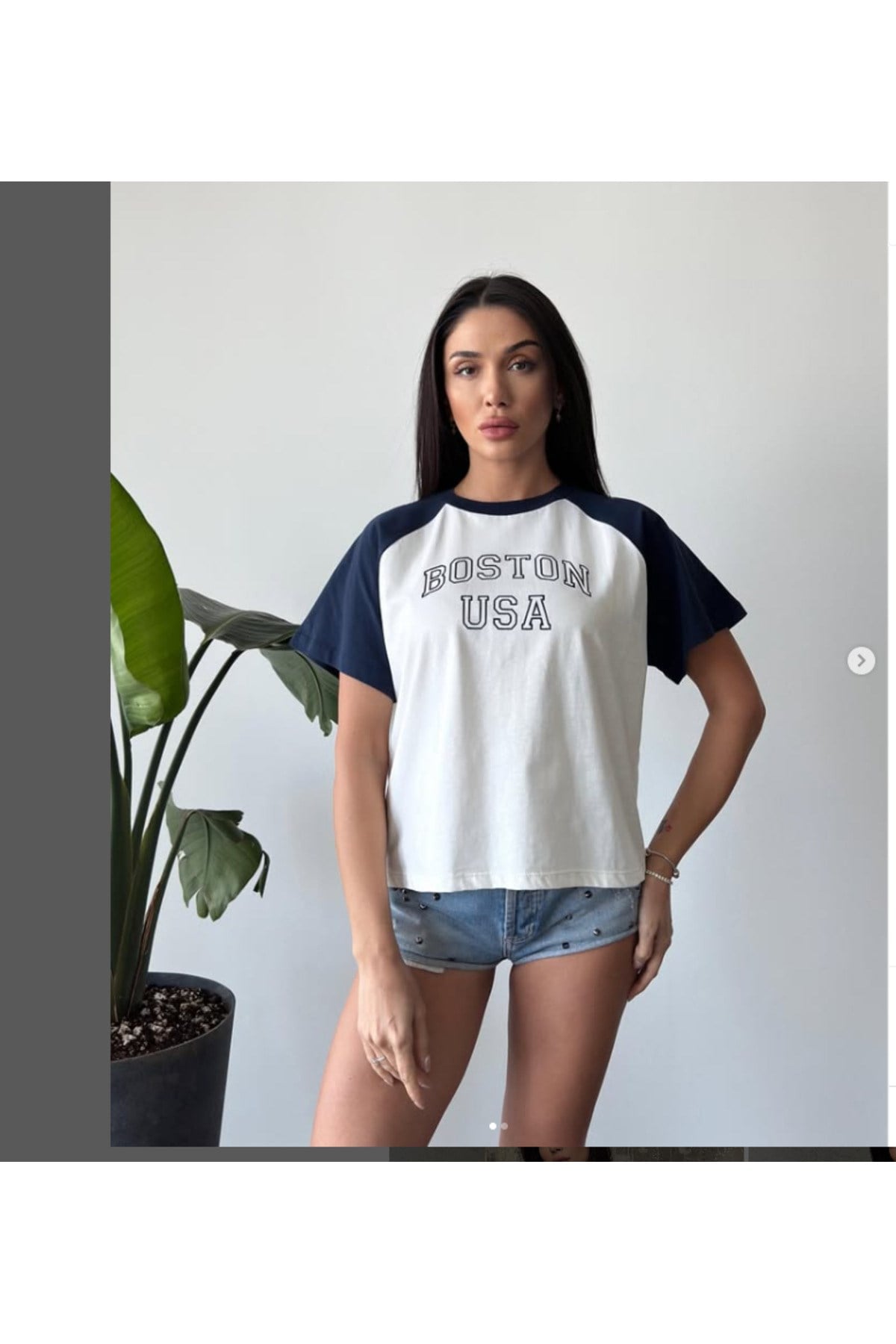 Kadın Reglan Kol Boston Baskılı Lacivert T-Shirt