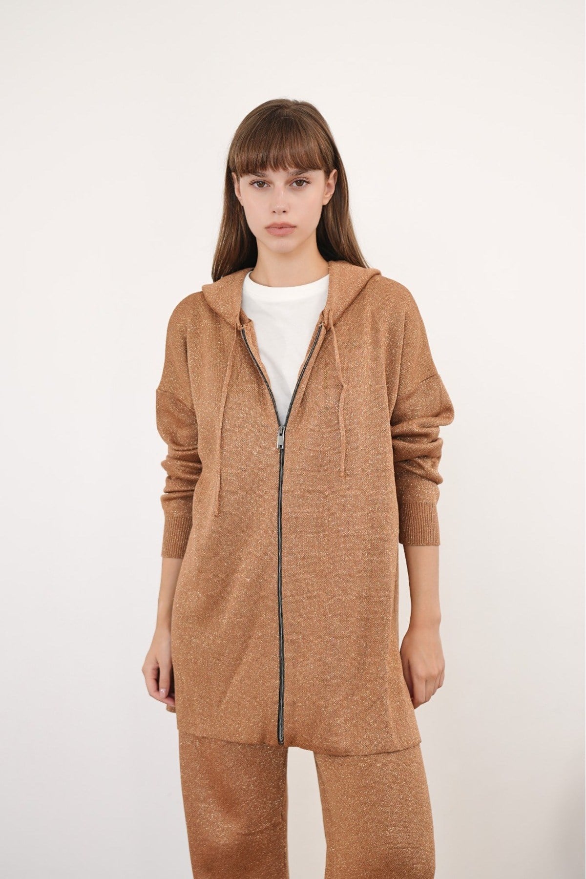 Kadın Simli Merserize Triko Pantolonlu Camel Hırka Takım