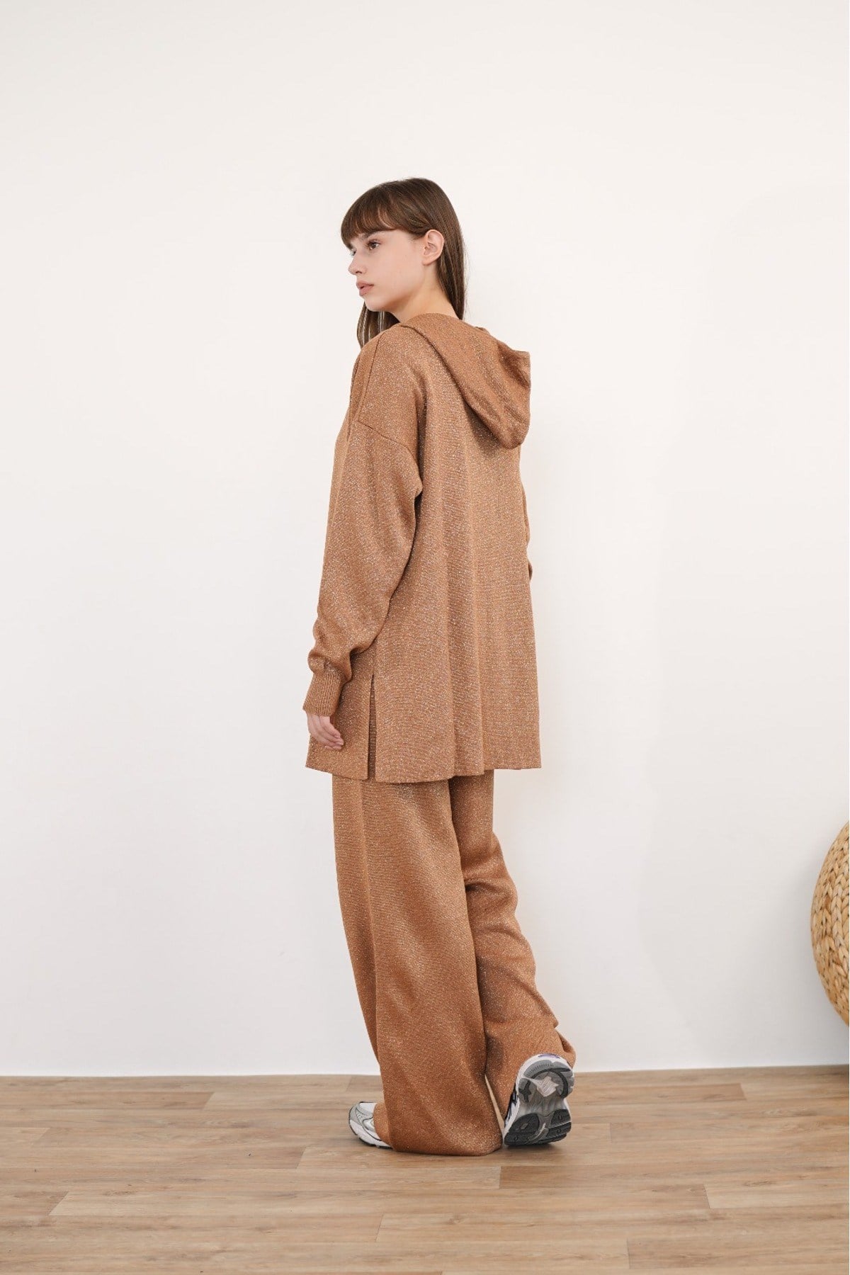 Kadın Simli Merserize Triko Pantolonlu Camel Hırka Takım