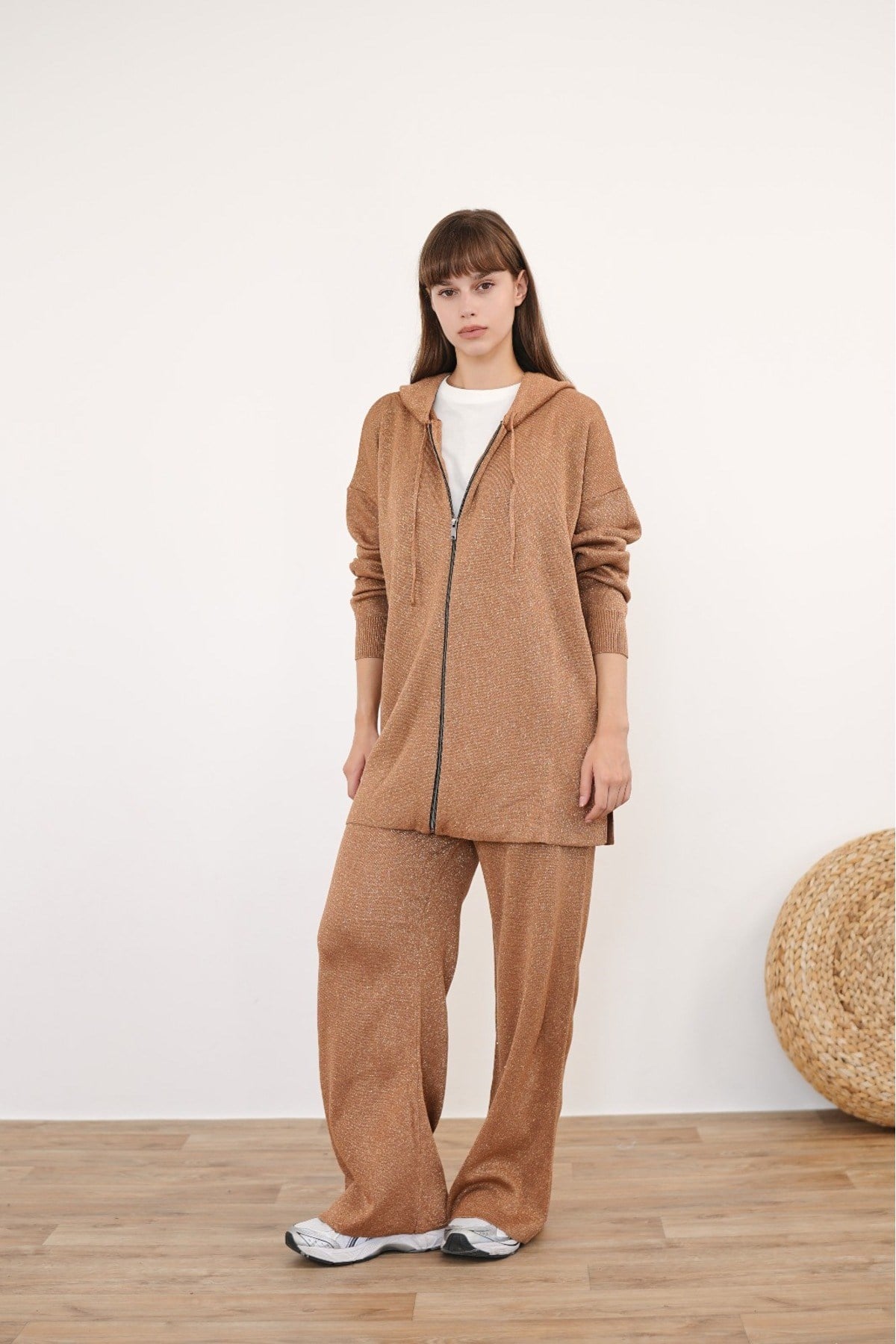 Kadın Simli Merserize Triko Pantolonlu Camel Hırka Takım