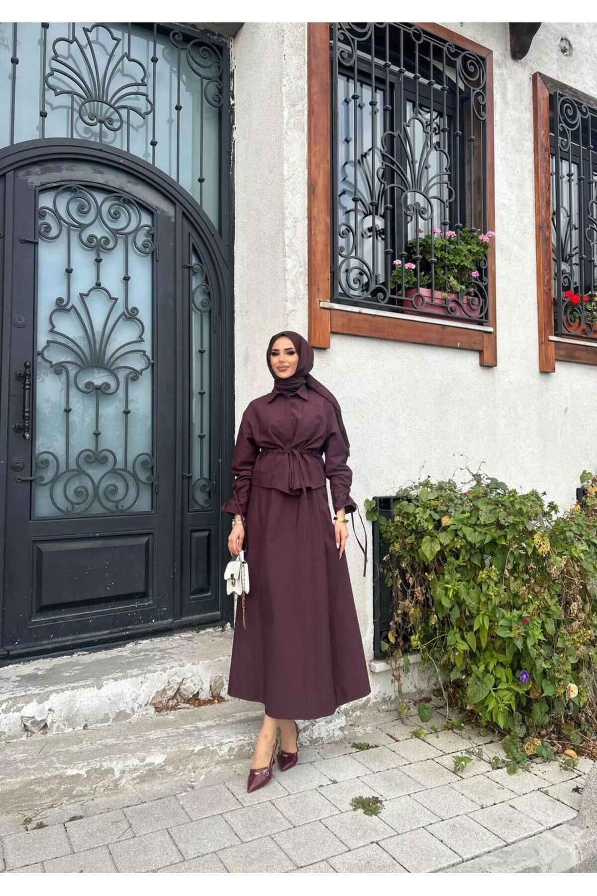 Modal Gabardin Mevsimlik Bağlamalı Bluz Etek Takım