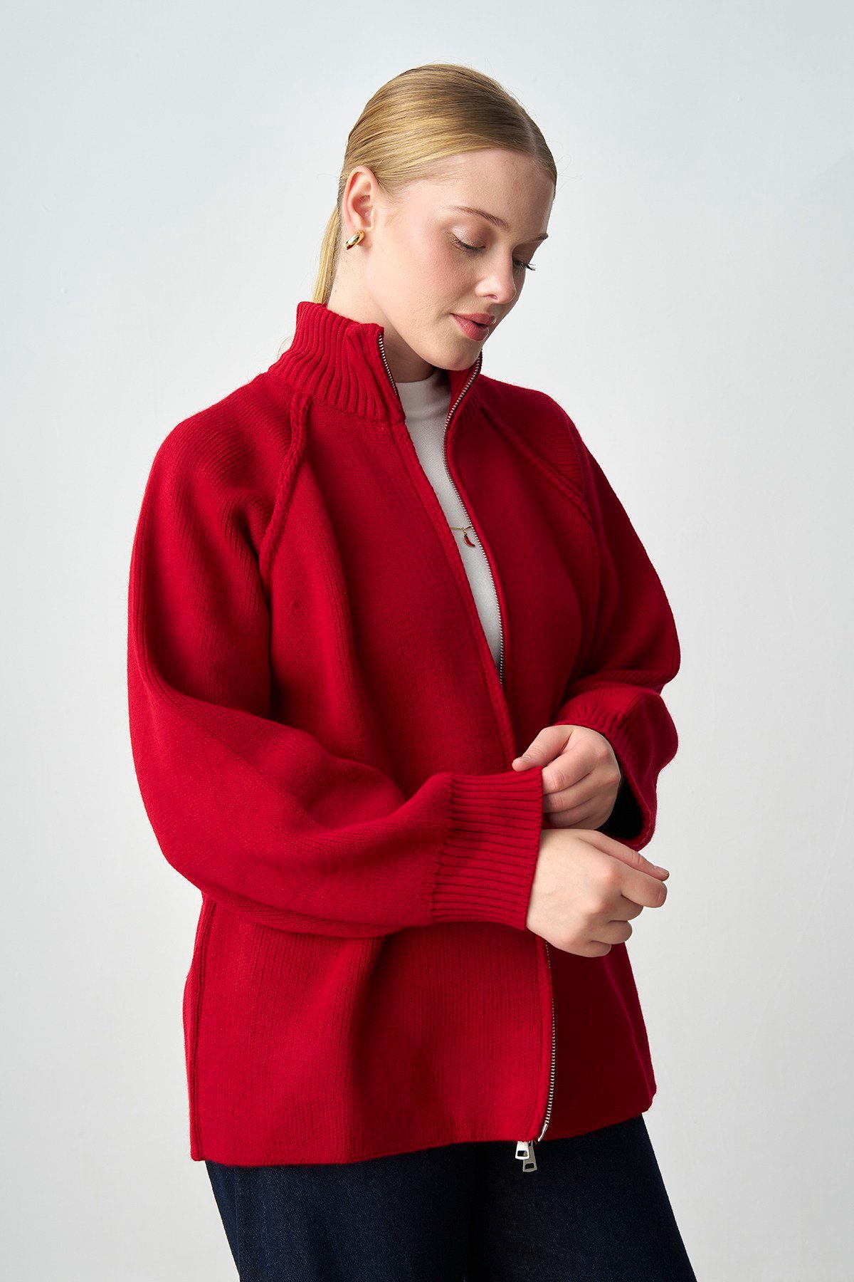Molly Nelly Kadın Oversize Triko Çift Fermuarlı Hırka