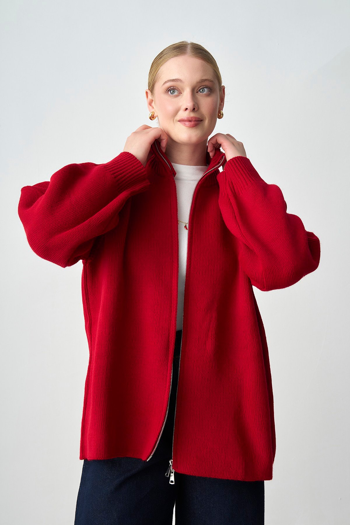 Molly Nelly Kadın Oversize Triko Çift Fermuarlı Hırka