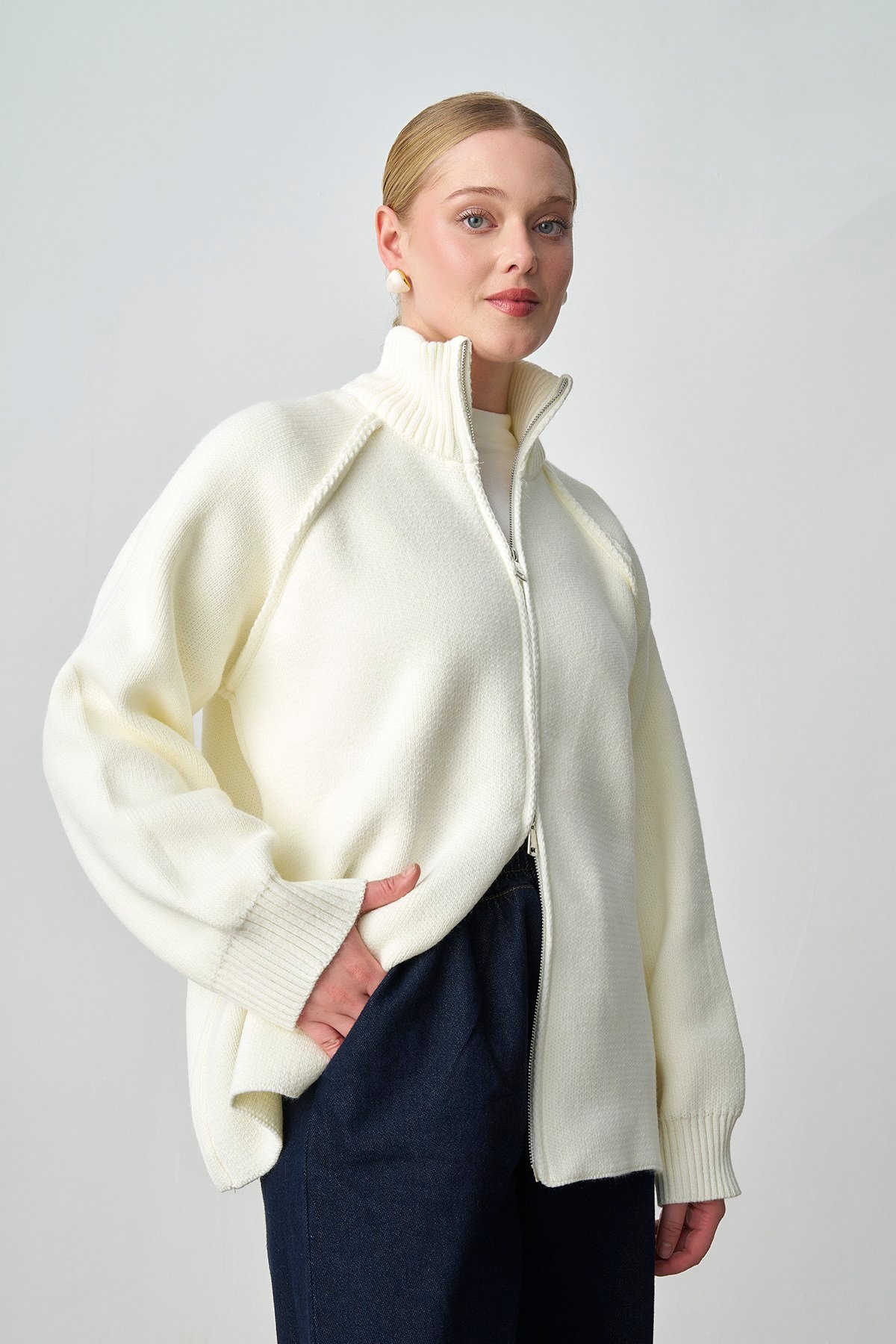 Molly Nelly Kadın Oversize Triko Çift Fermuarlı Hırka