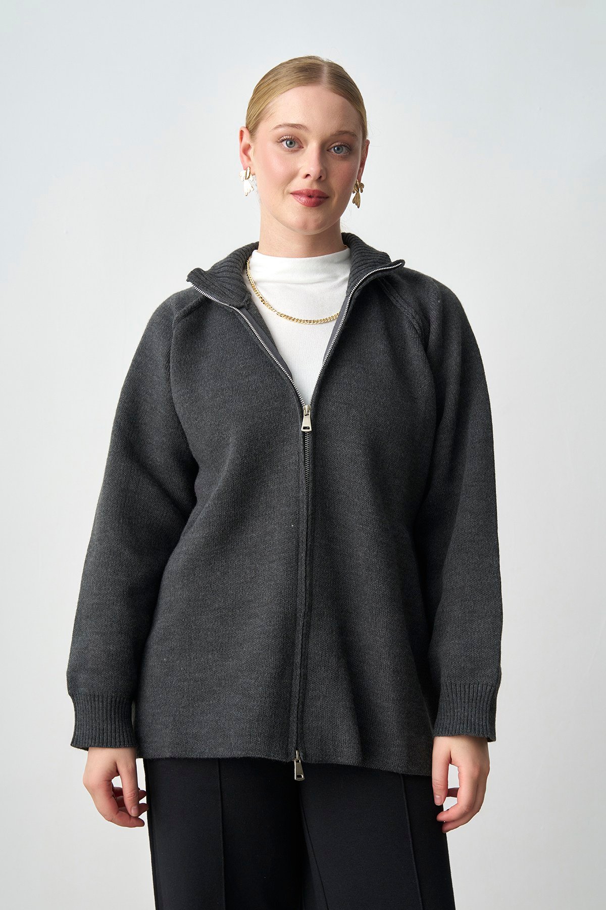 Molly Nelly Kadın Oversize Triko Çift Fermuarlı Hırka