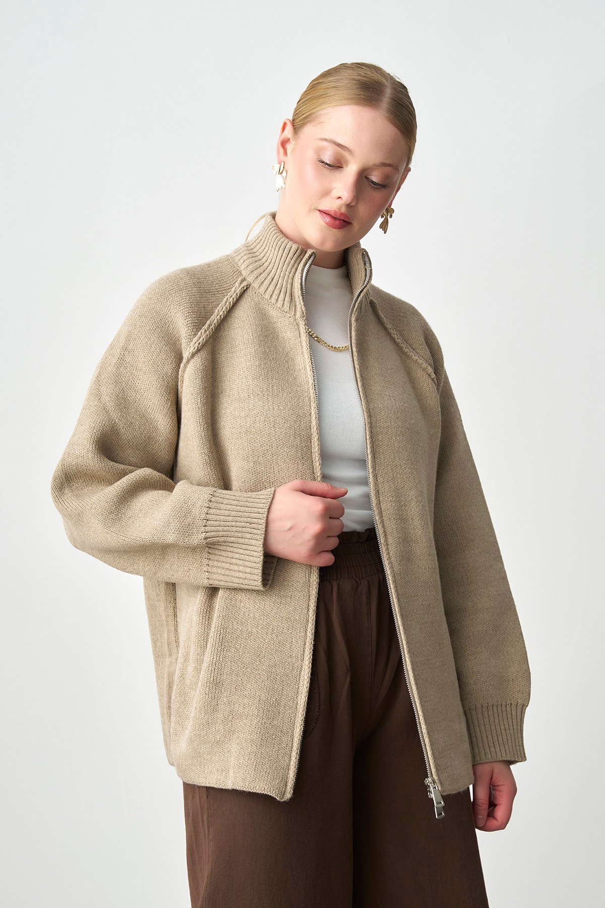 Molly Nelly Kadın Oversize Triko Çift Fermuarlı Hırka