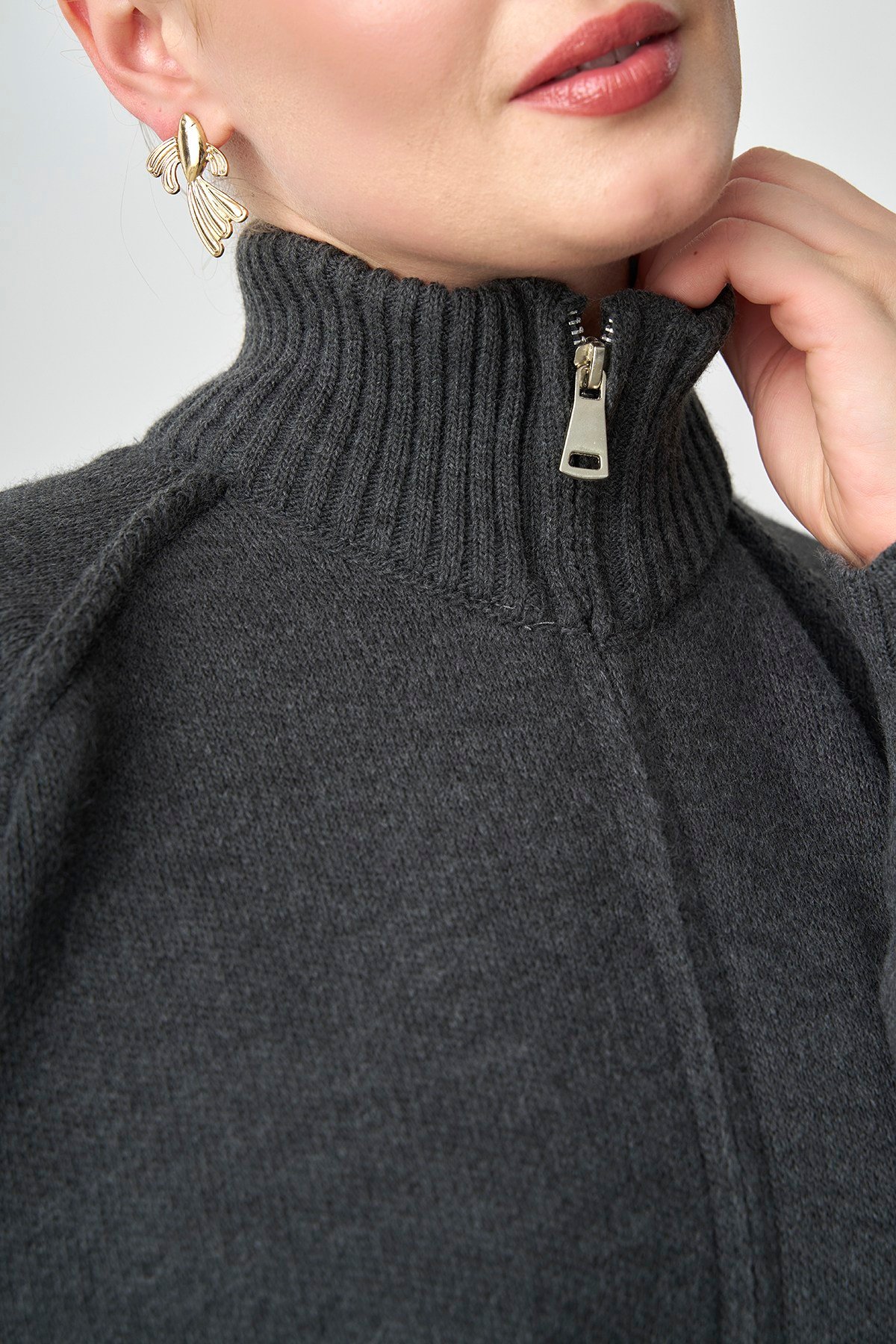 Molly Nelly Kadın Oversize Triko Çift Fermuarlı Hırka