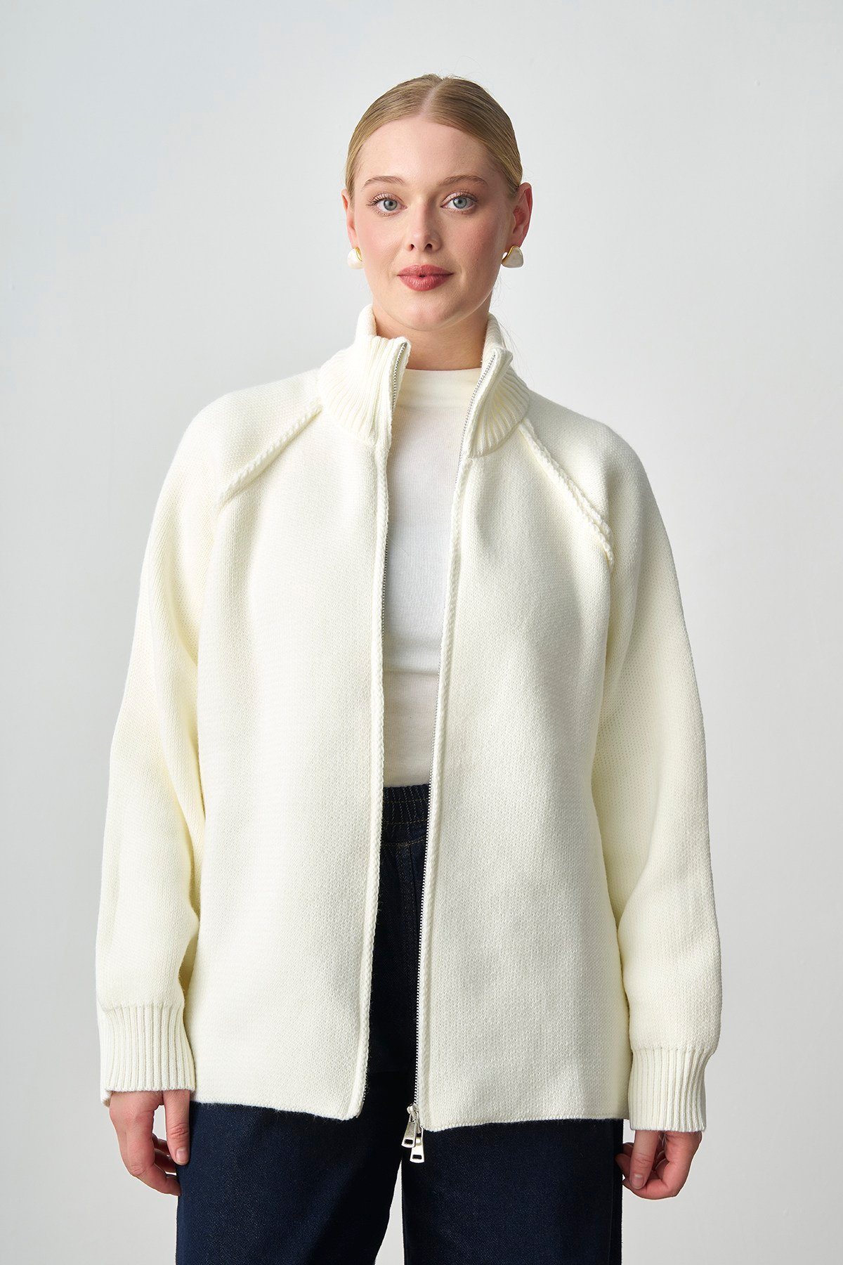 Molly Nelly Kadın Oversize Triko Çift Fermuarlı Hırka
